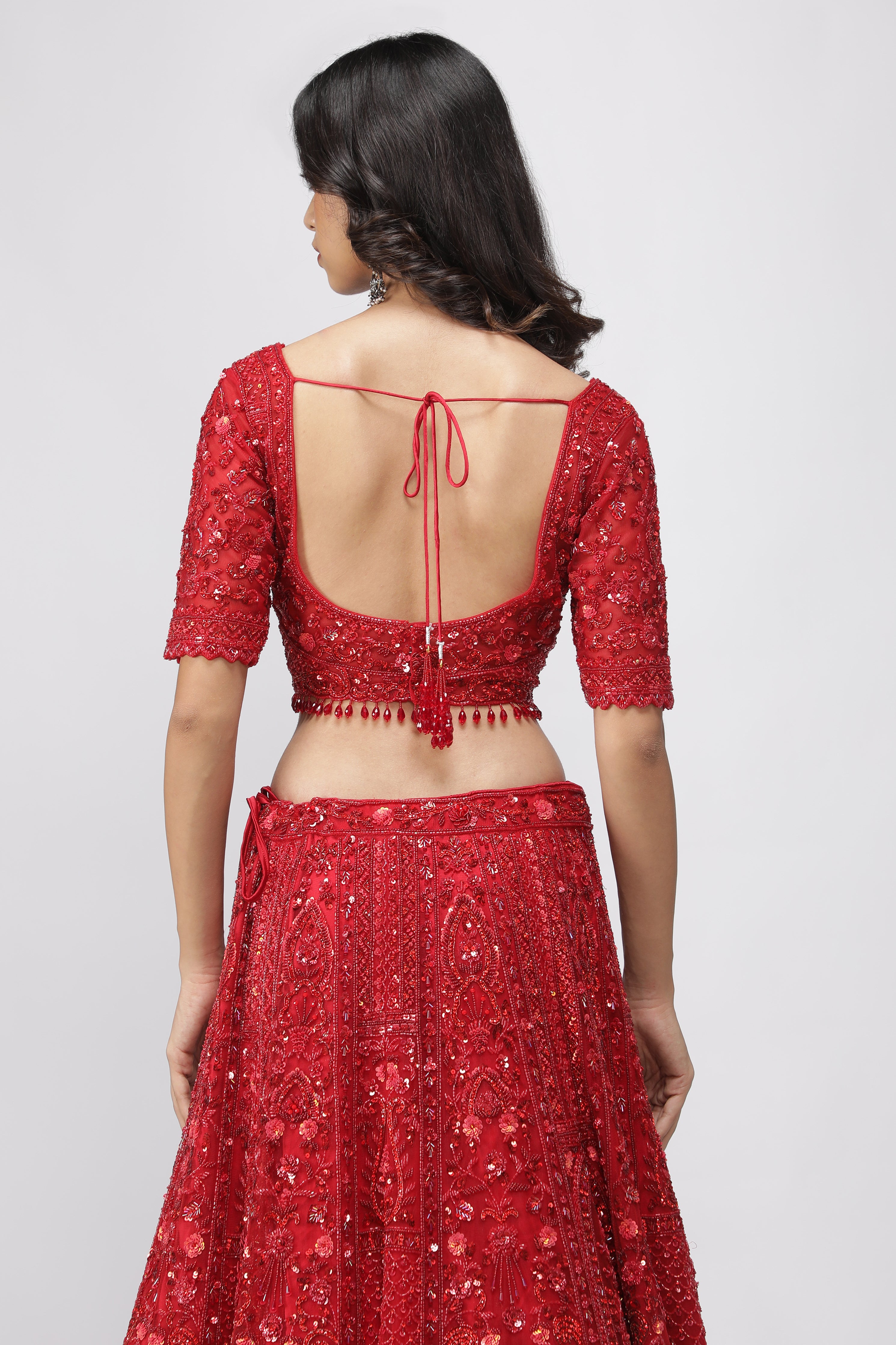 Red Net Sequin Embroidered Bridal Lehenga Set