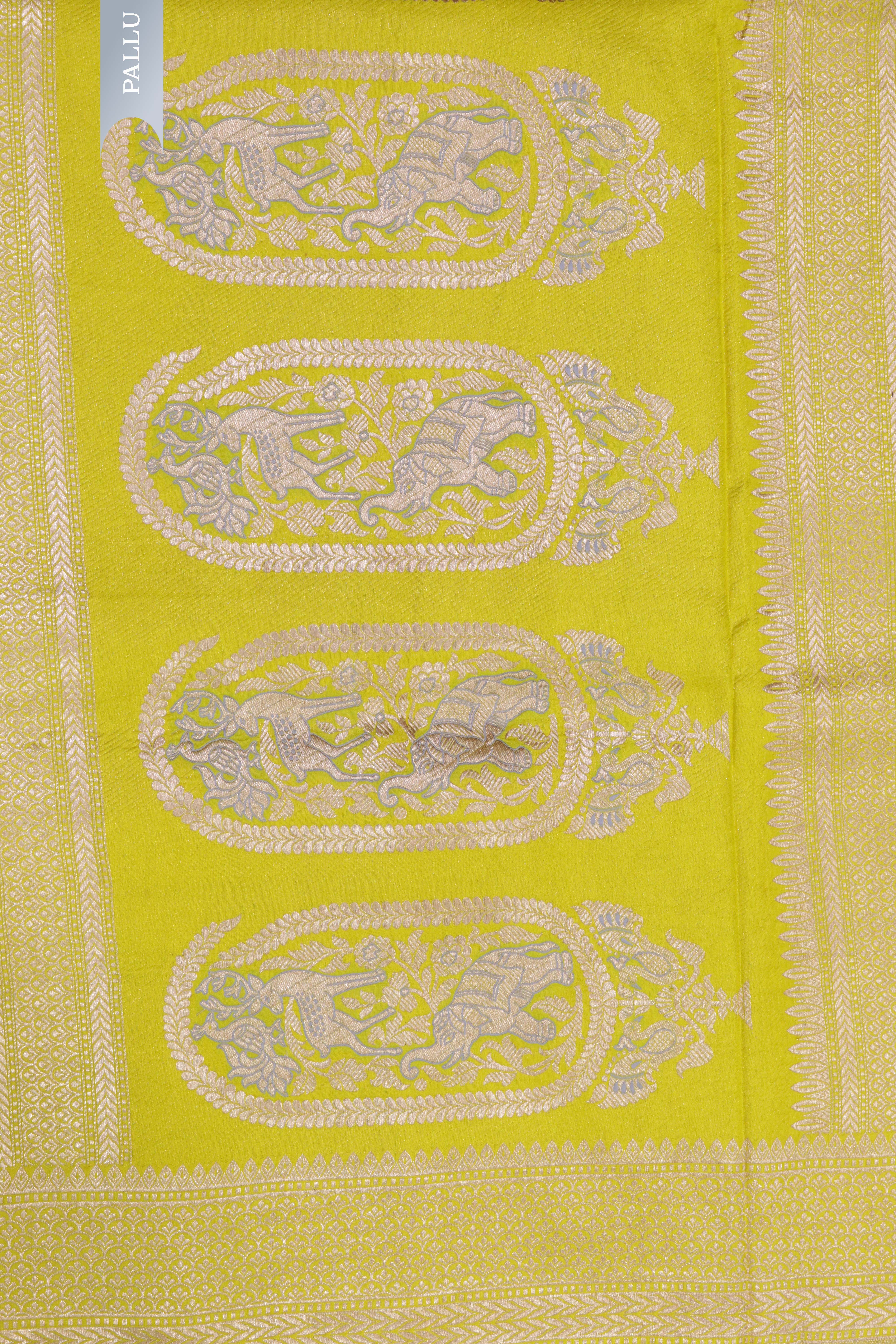 Yellow Banarasi Animal Motif Silk Saree