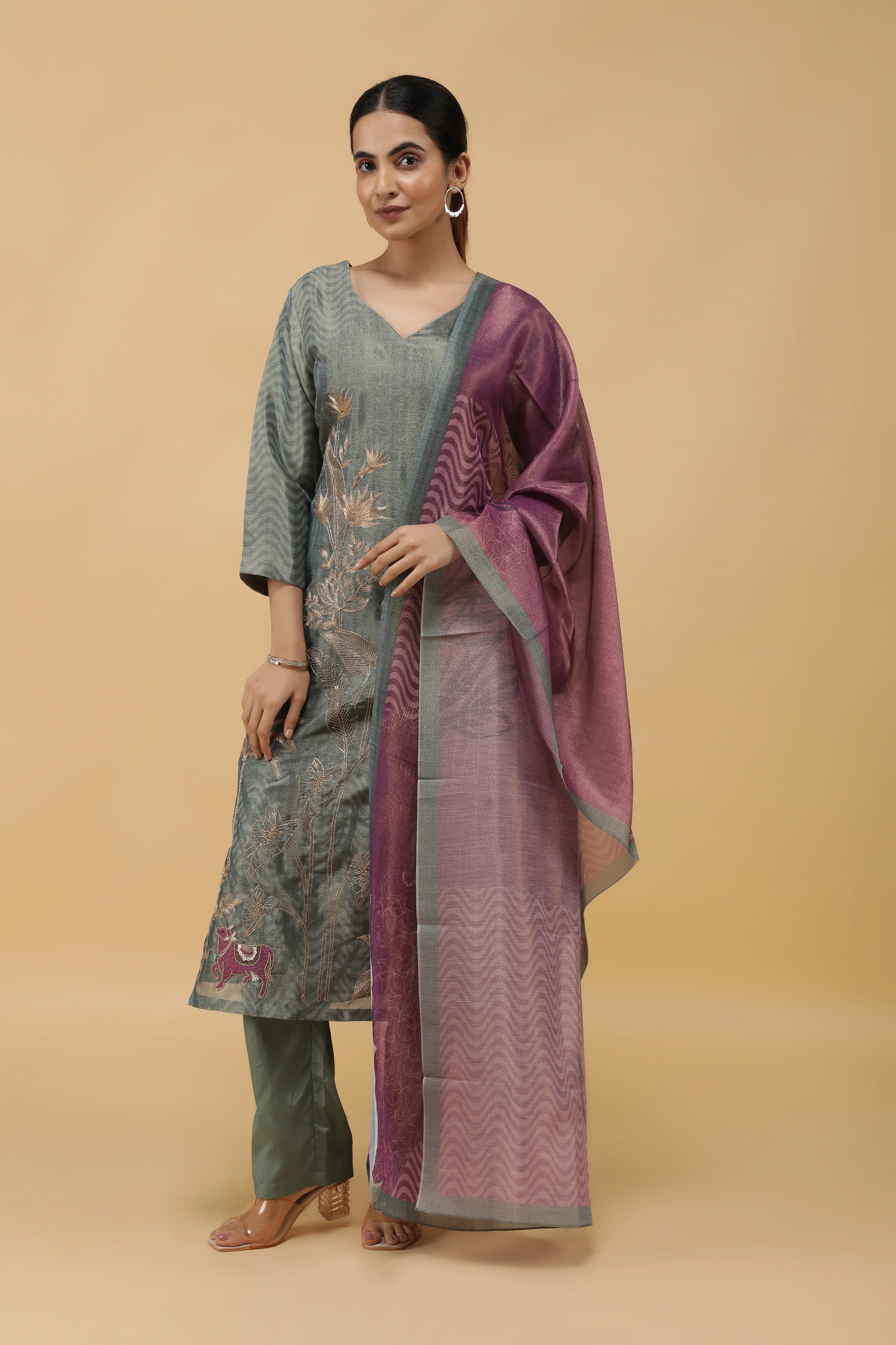 Botanical Bliss Zari-Pearl Embroidered Printed Tissue Salwar Set | Mokshaa