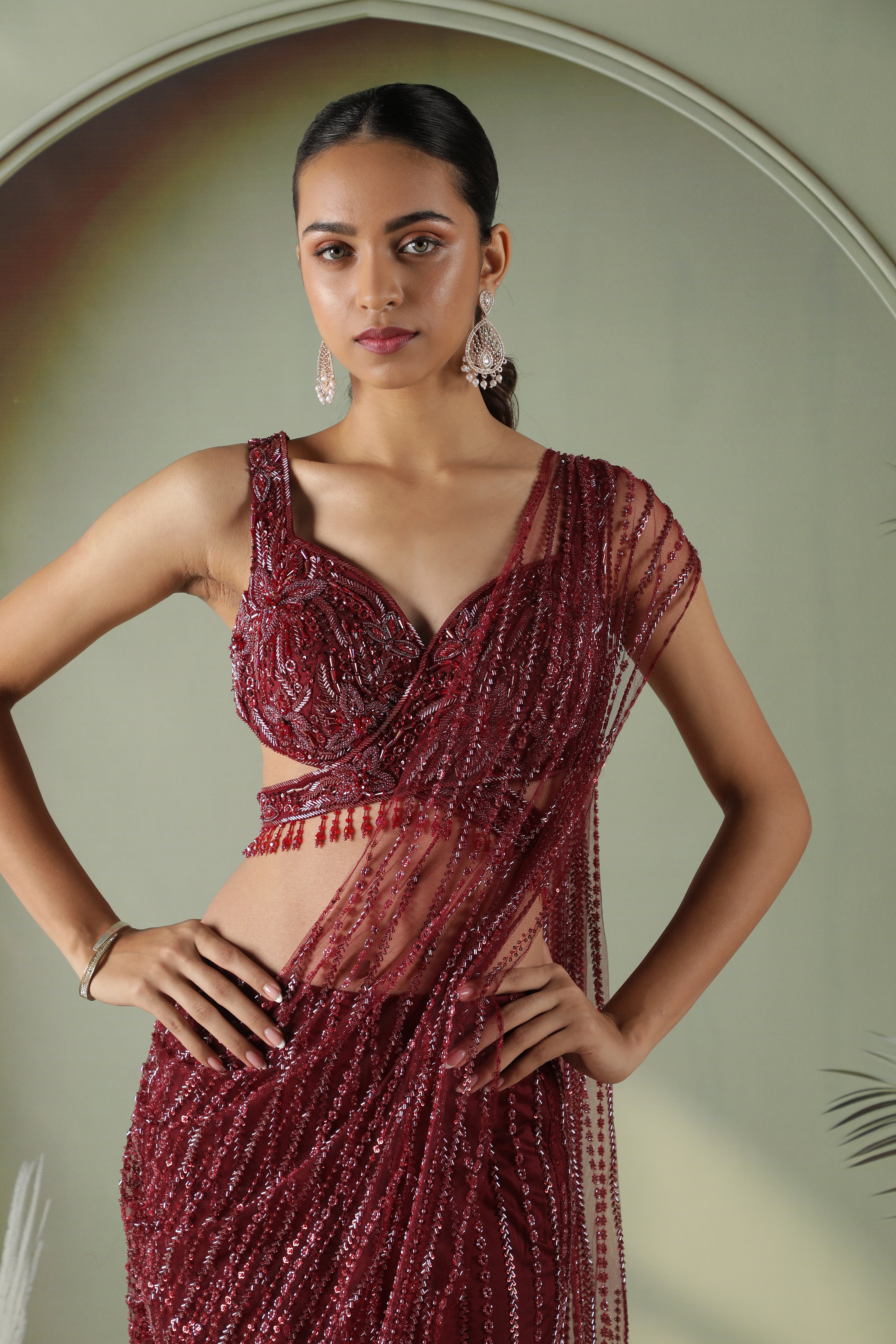 Wine Red Mermaid Cut Draped Net Skirt Set