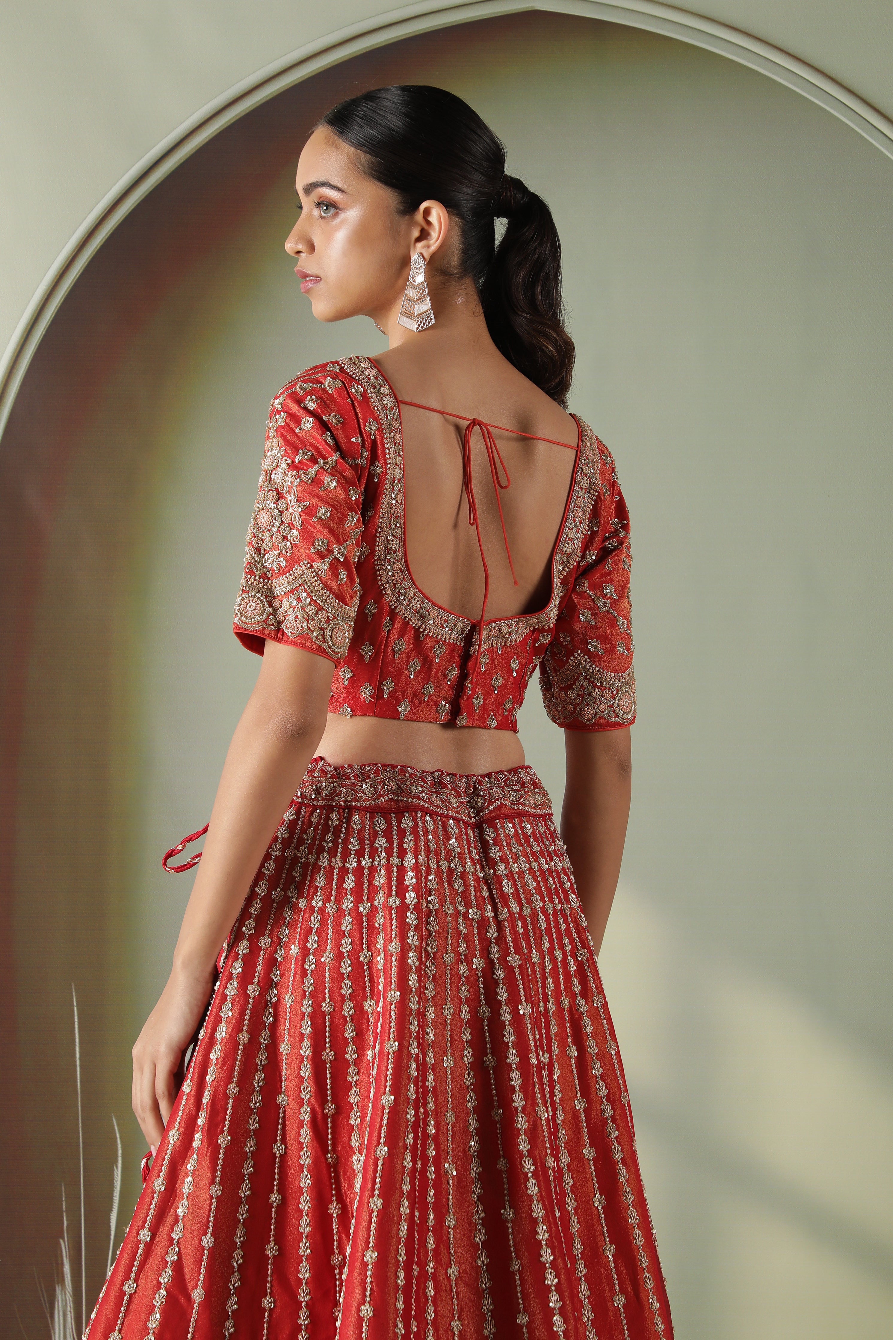 Rust Tissue Silk Bridal Lehenga Set