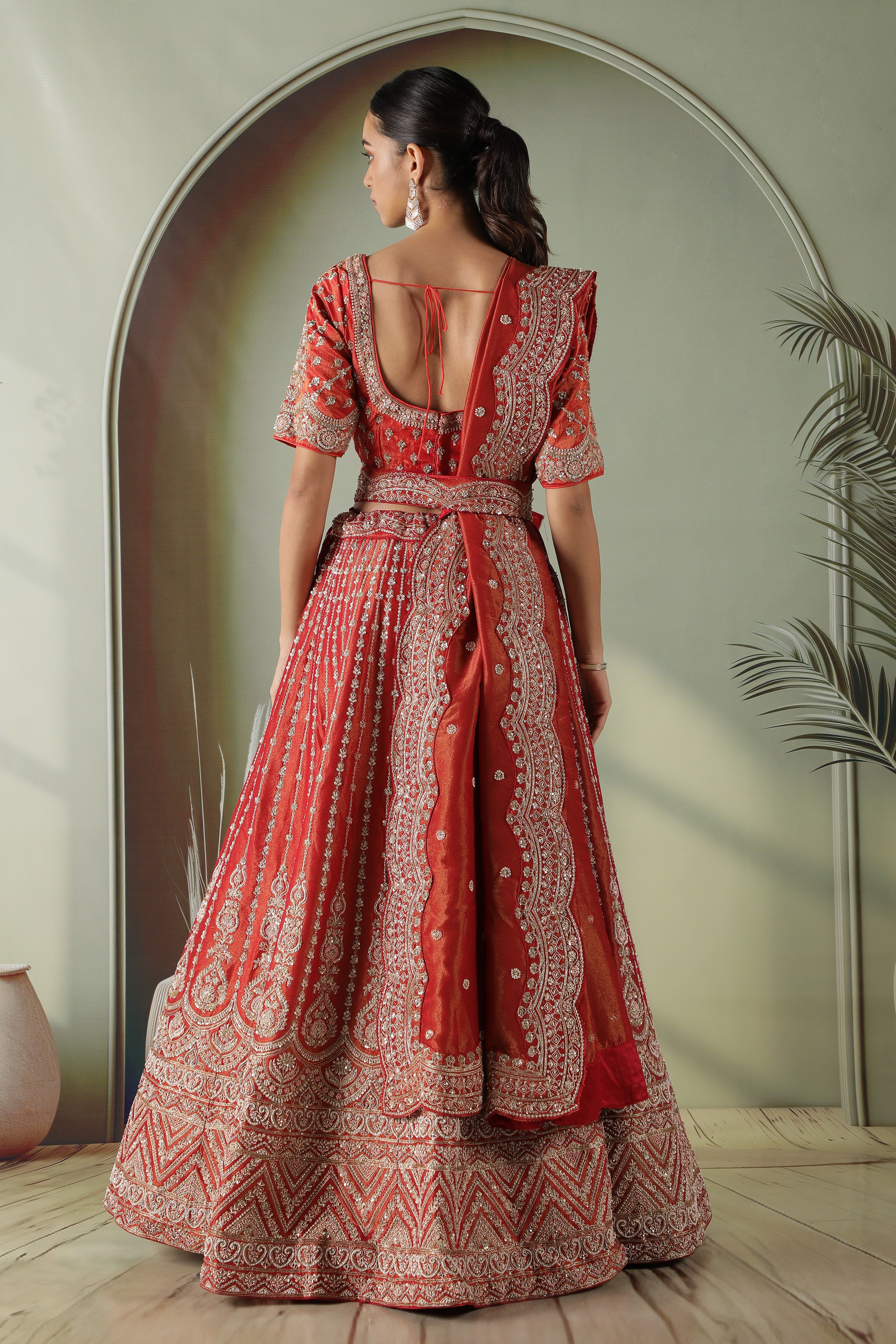 Rust Tissue Silk Bridal Lehenga Set