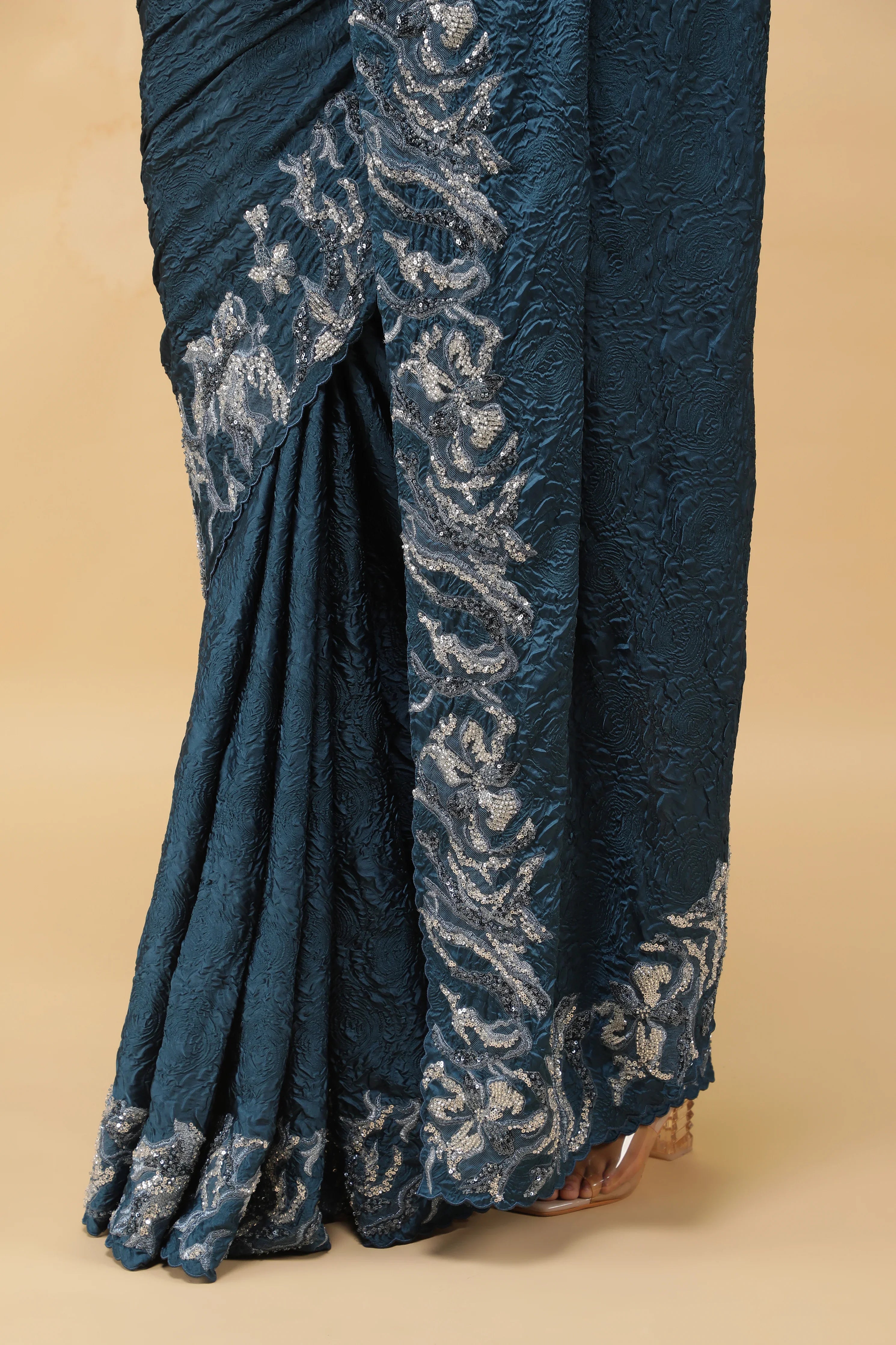 Teal Blue Crepe Silk Saree with Beaded Border - Mokshaa