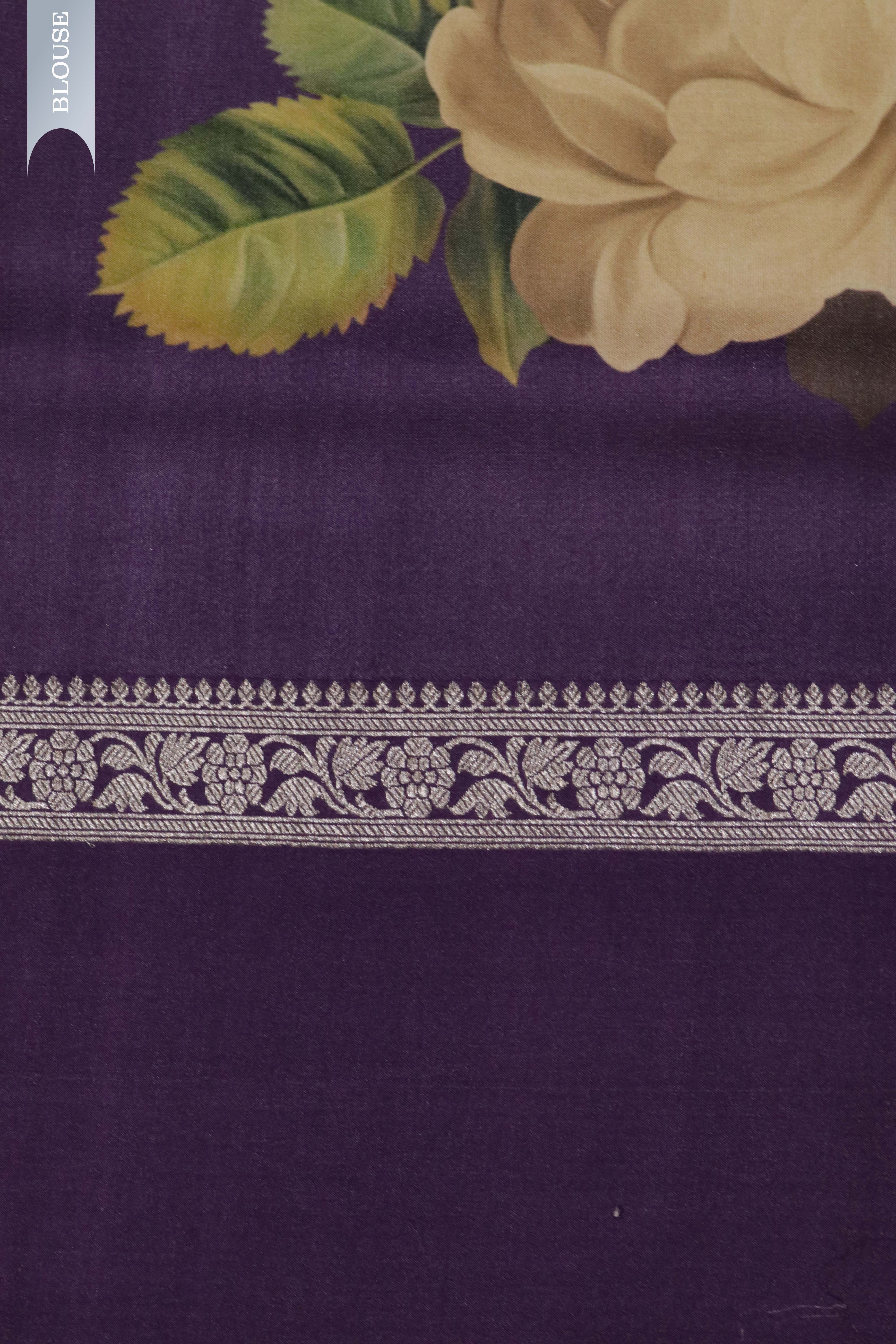 Purple Tussar Silk Saree with Silver Zari Motifs & Printed Border