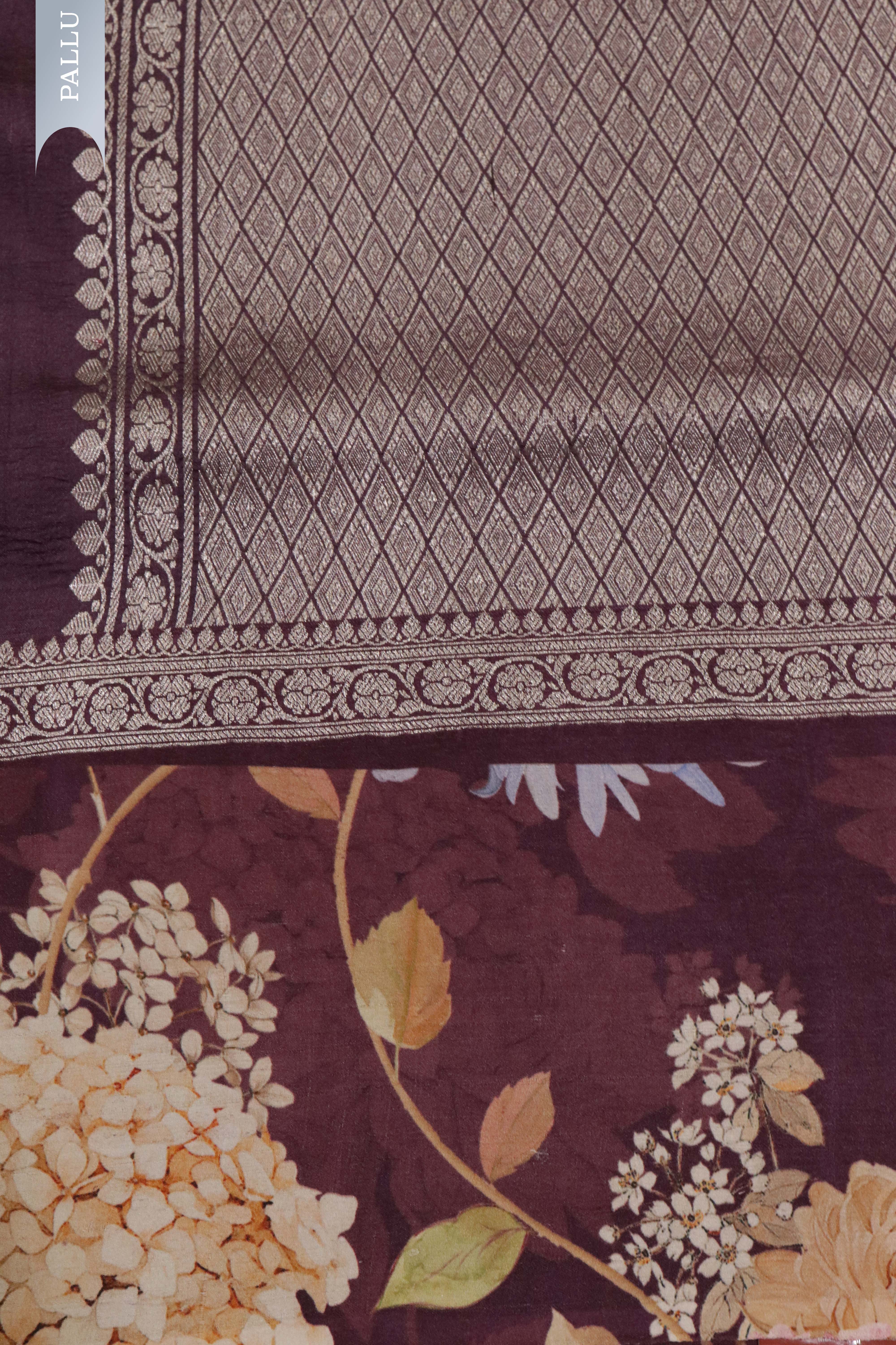 Wine Tussar Silk Saree with Silver Zari Motifs & Printed Border