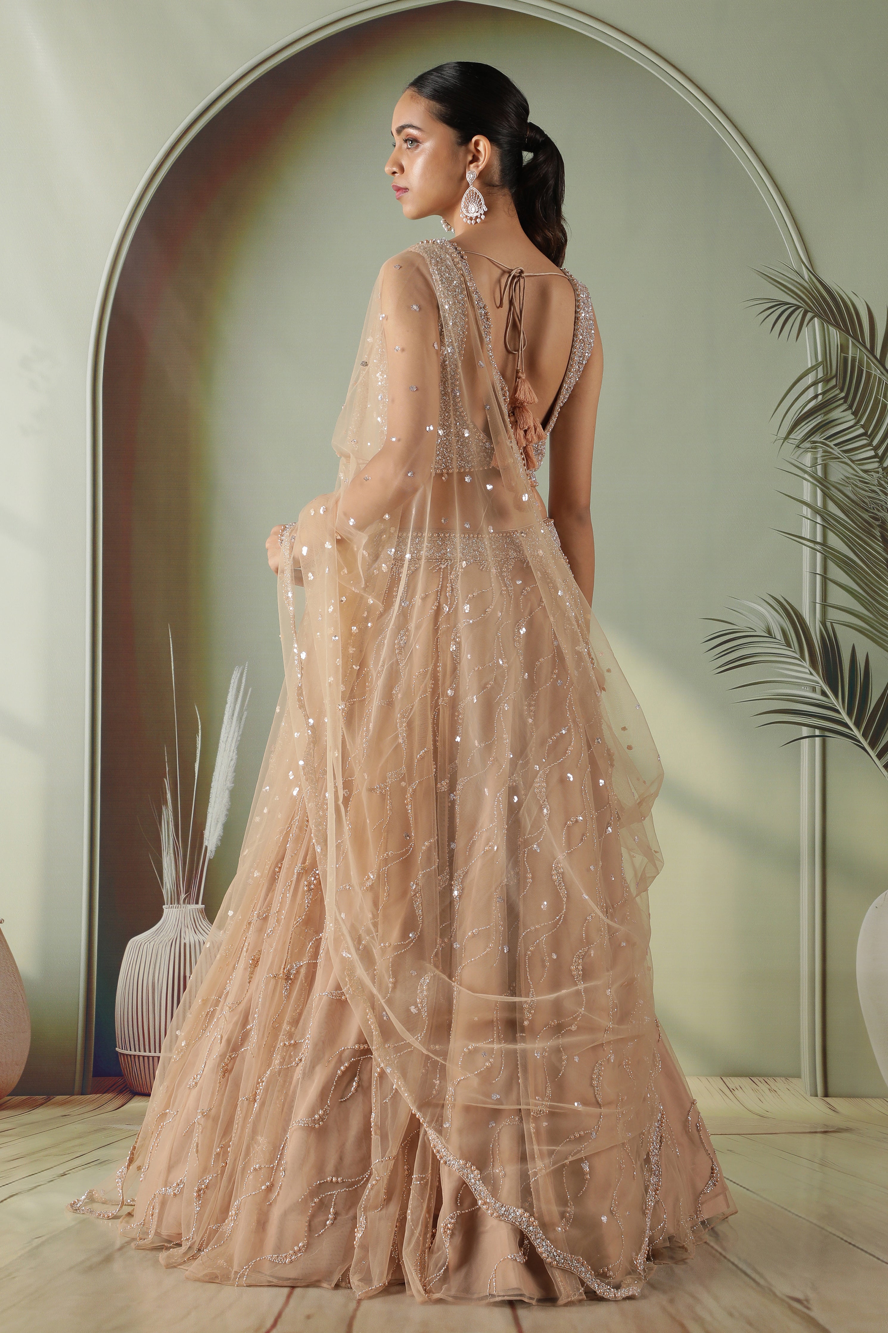 Nude Gold Sequin Embellished Net Lehenga Set