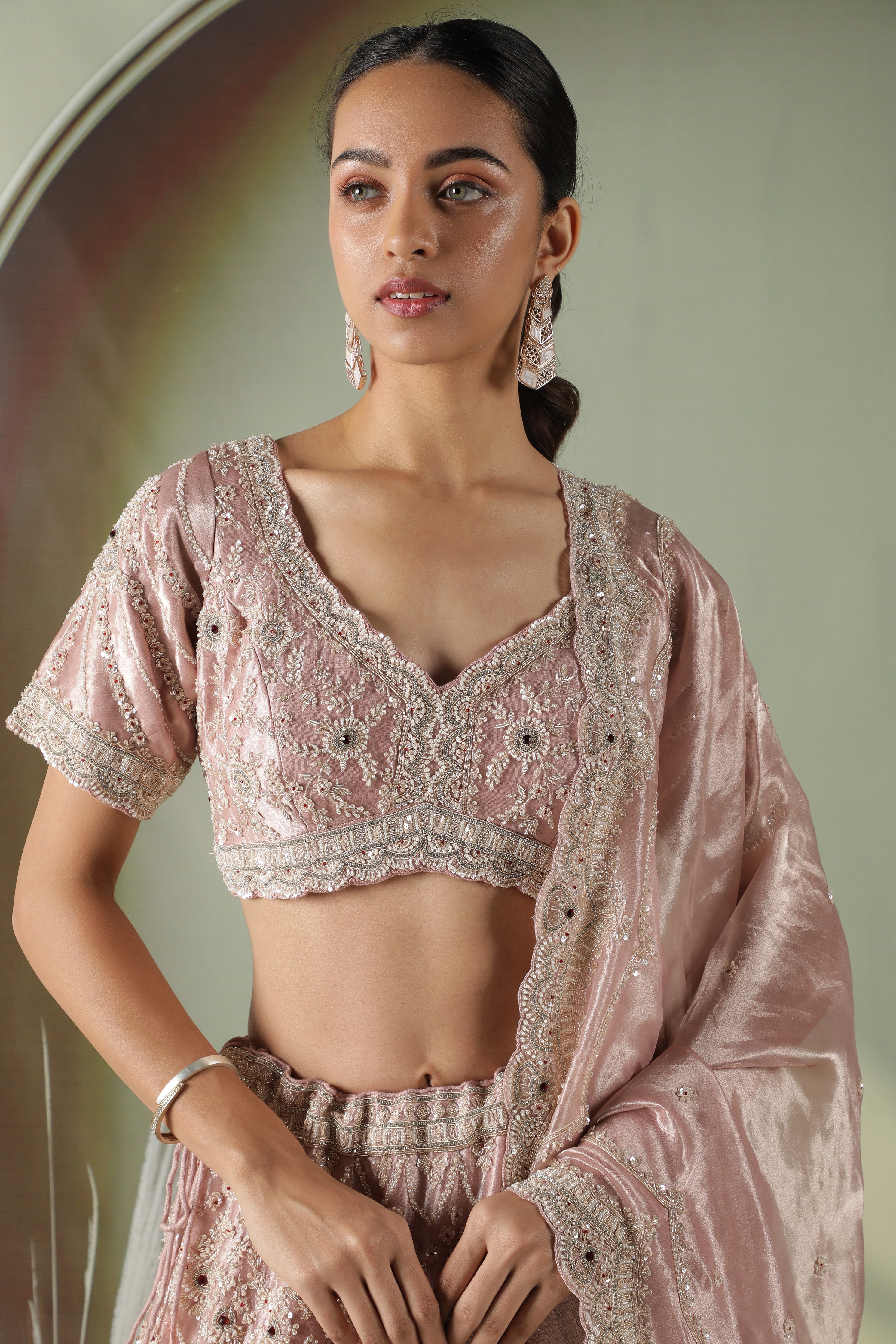 Blush Pink Tissue Organza Lehenga Set