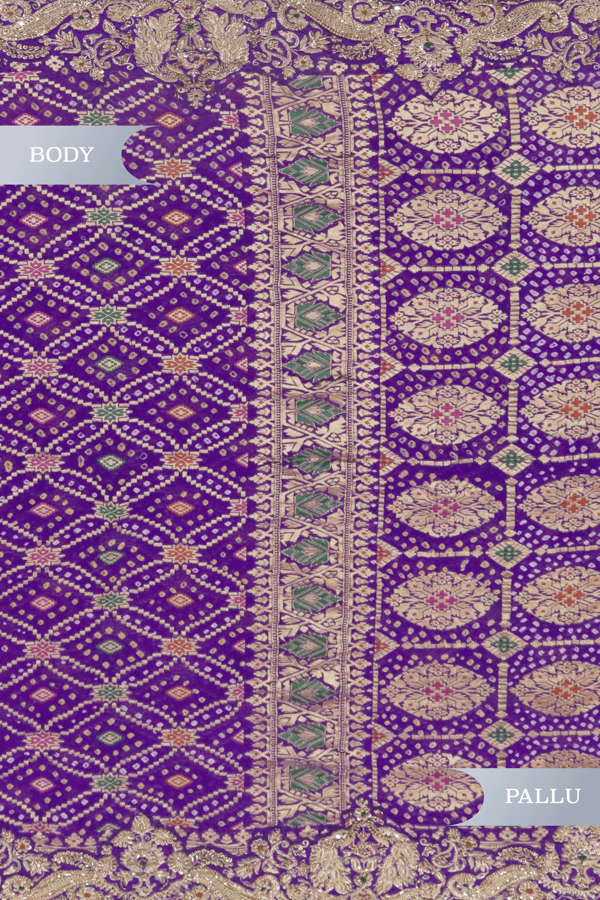 Purple Bandhani Banarasi Georgette Saree with Zardozi Border.