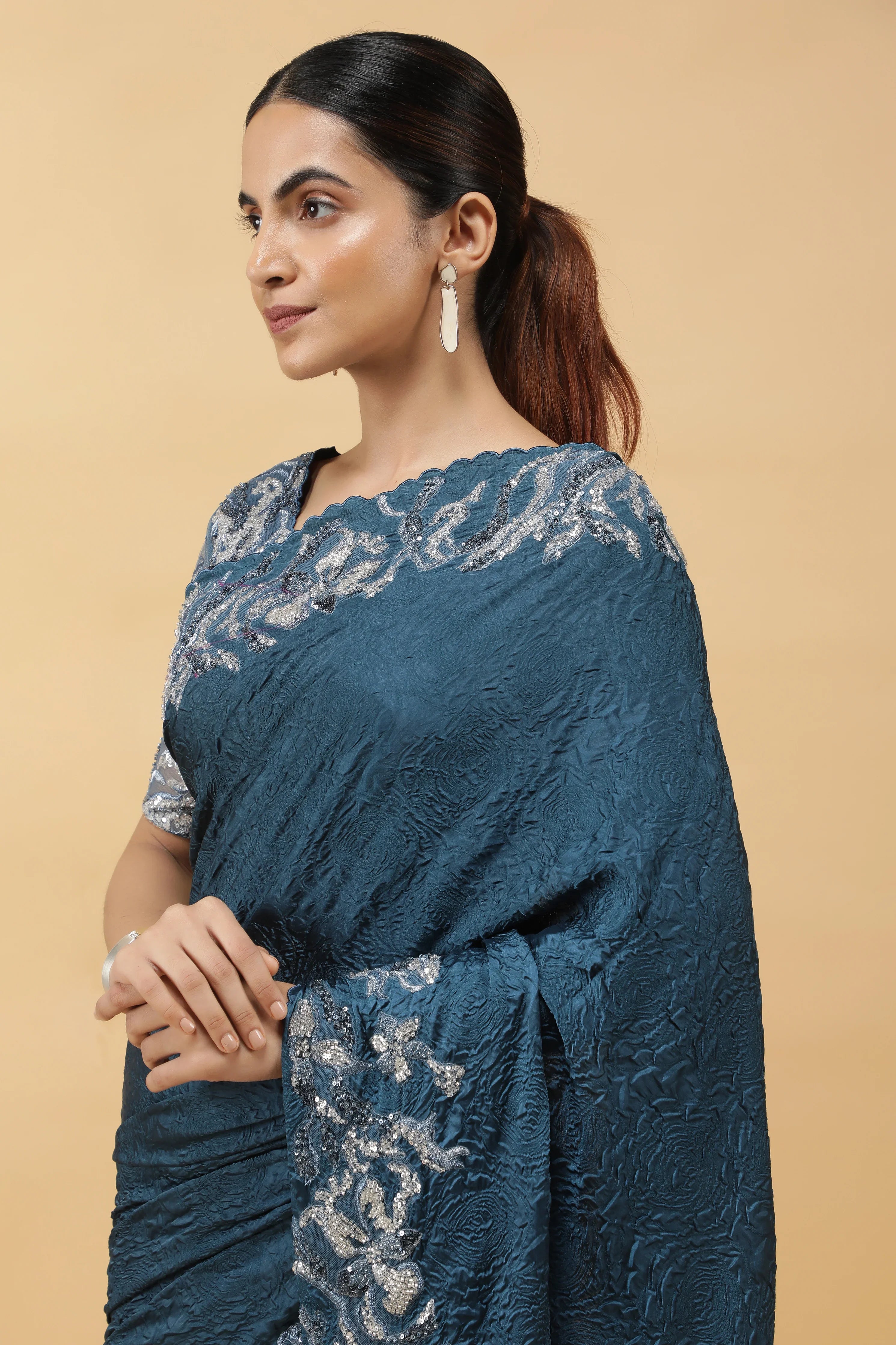 Teal Blue Crepe Silk Saree with Beaded Border - Mokshaa