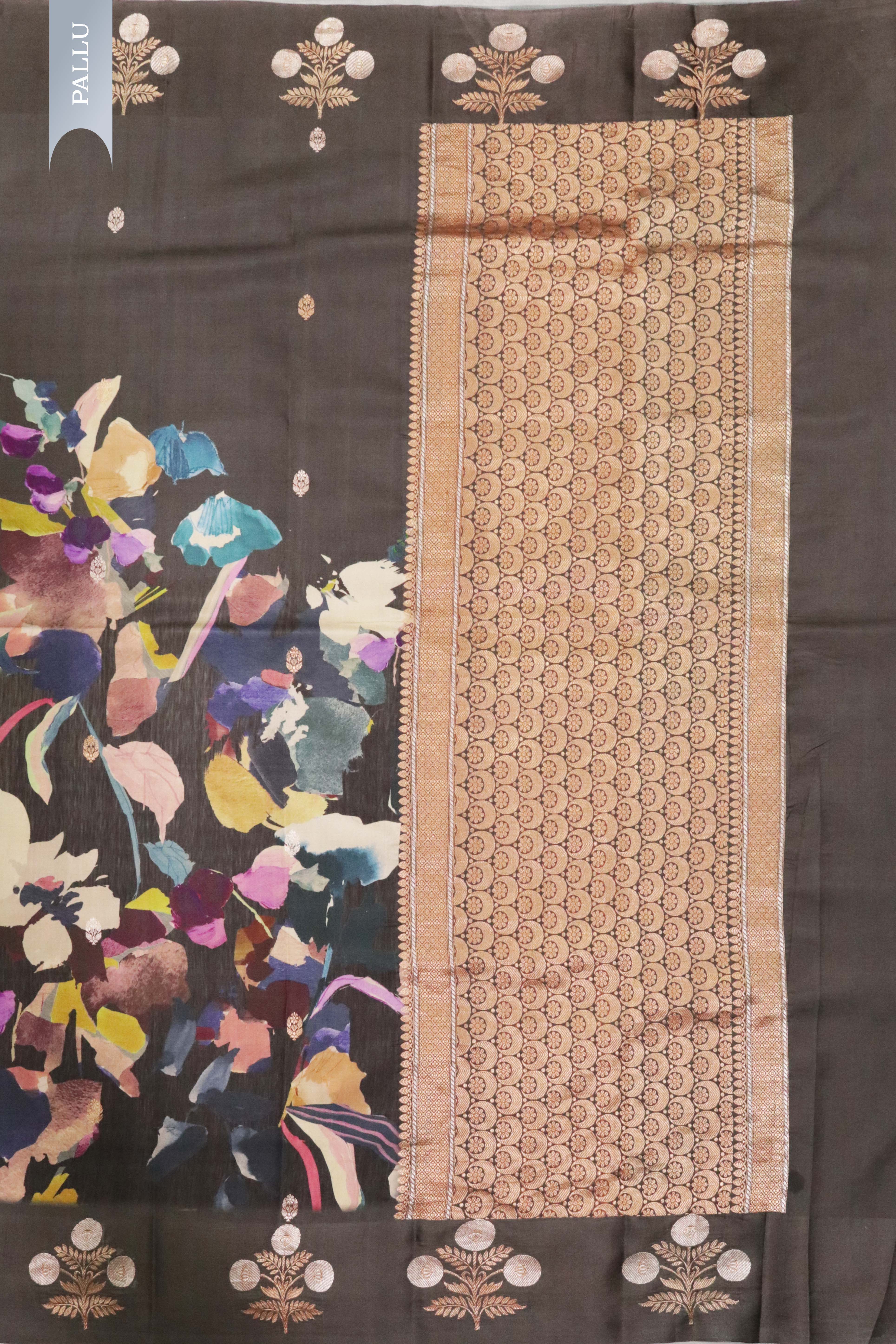Dark Brown Silk Saree with Floral Print & Zari Border