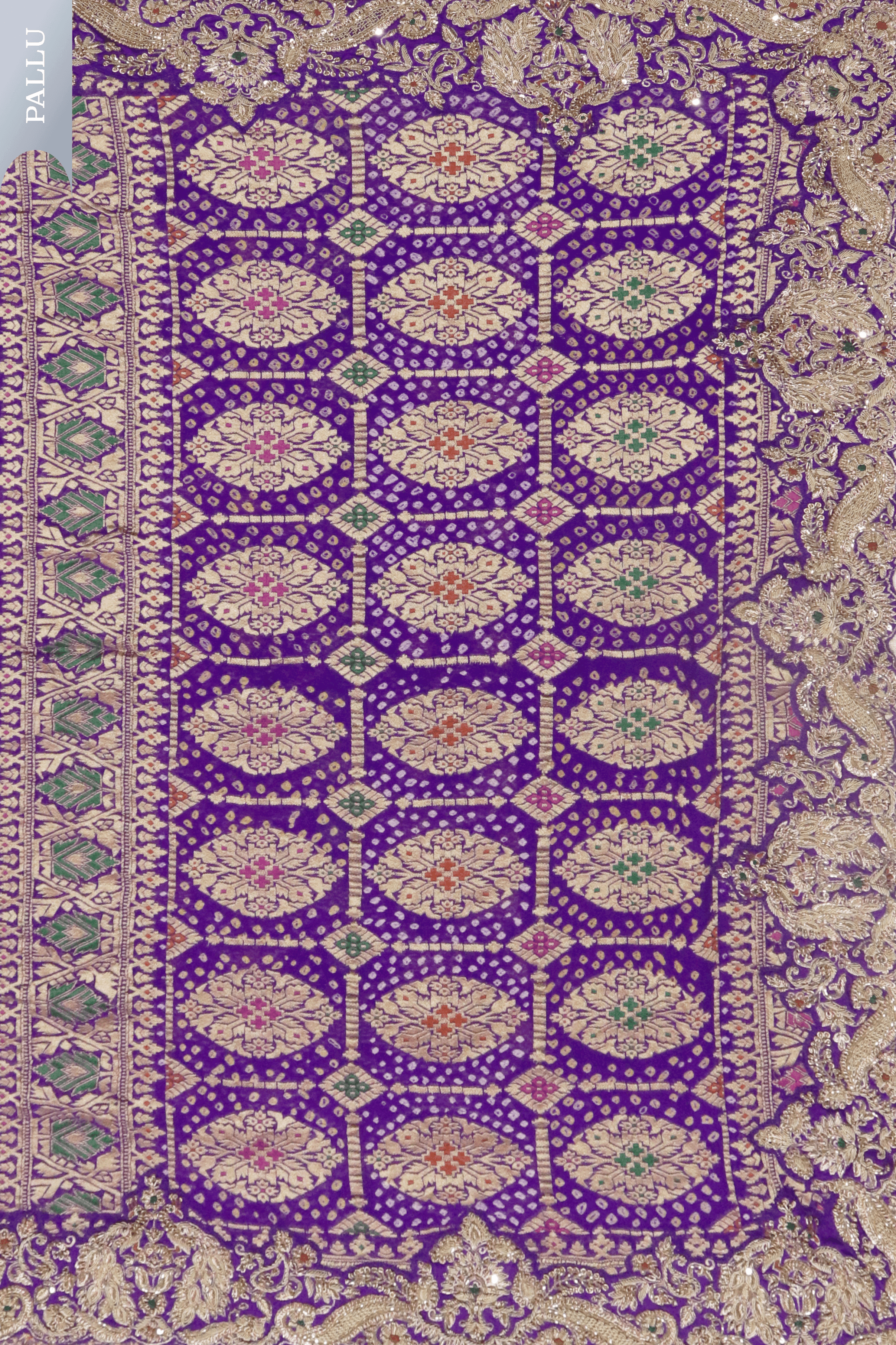 Purple Bandhani Banarasi Georgette Saree with Zardozi Border.