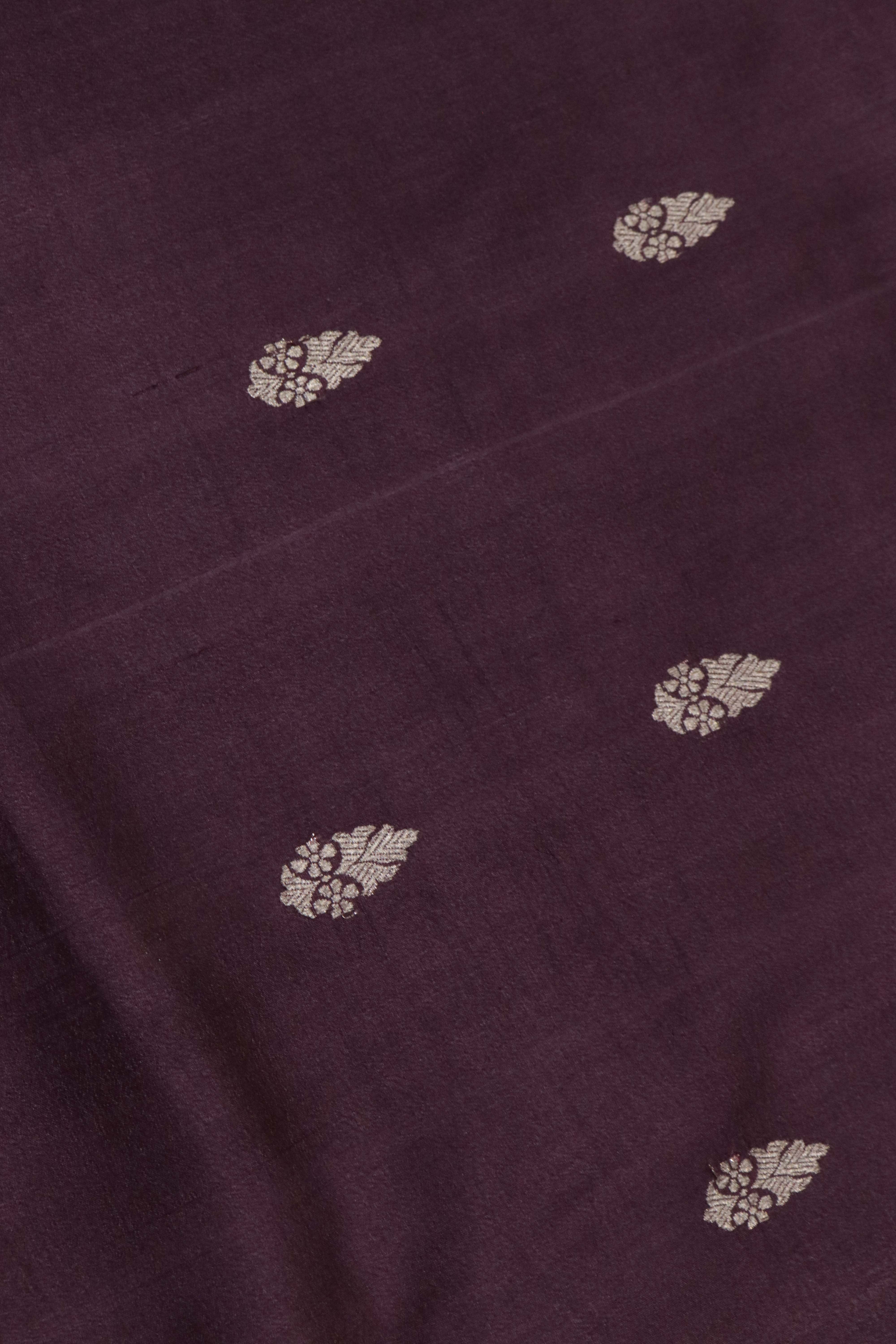 Wine Tussar Silk Saree with Silver Zari Motifs & Printed Border