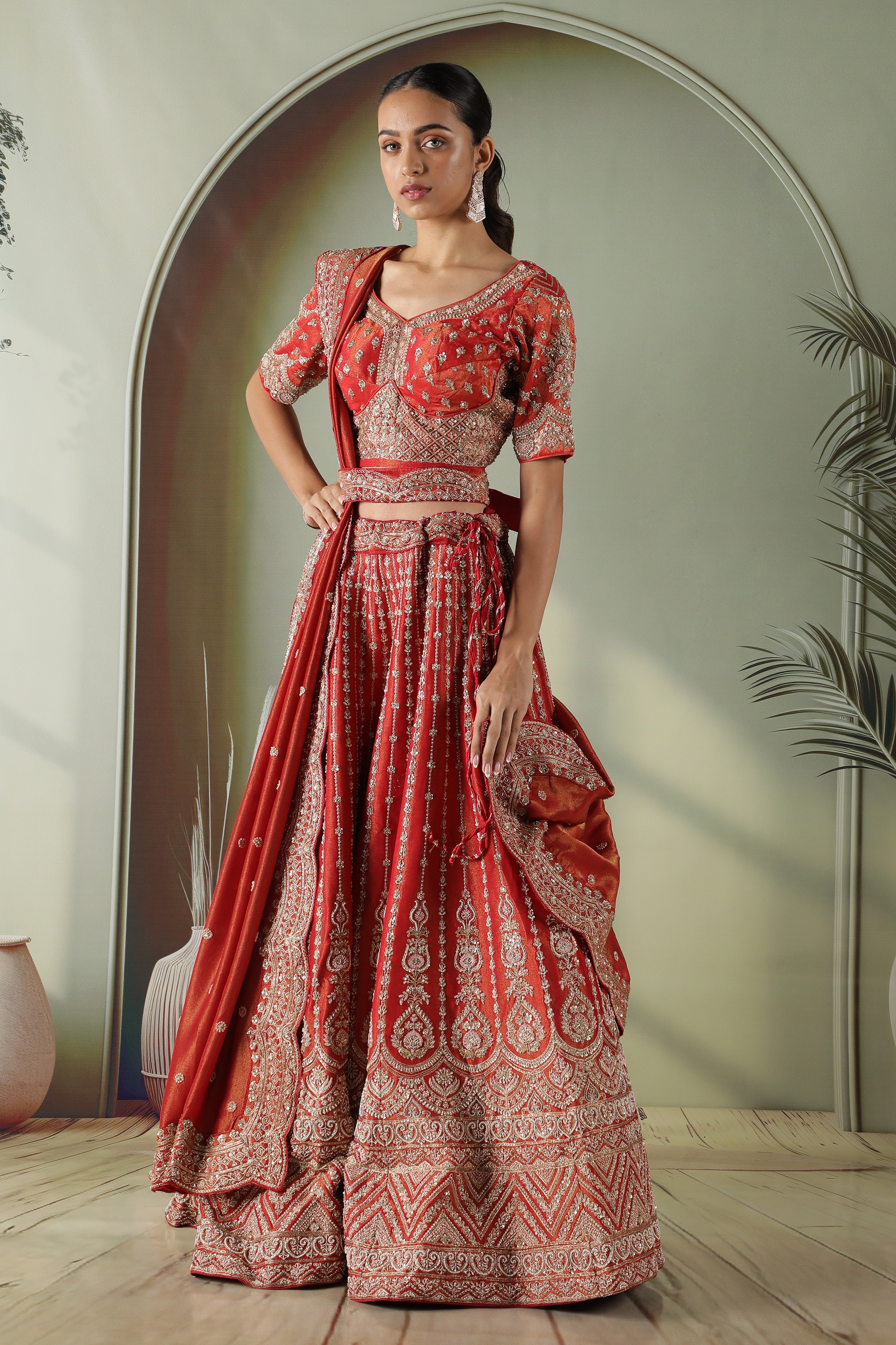 Rust Tissue Silk Bridal Lehenga Set