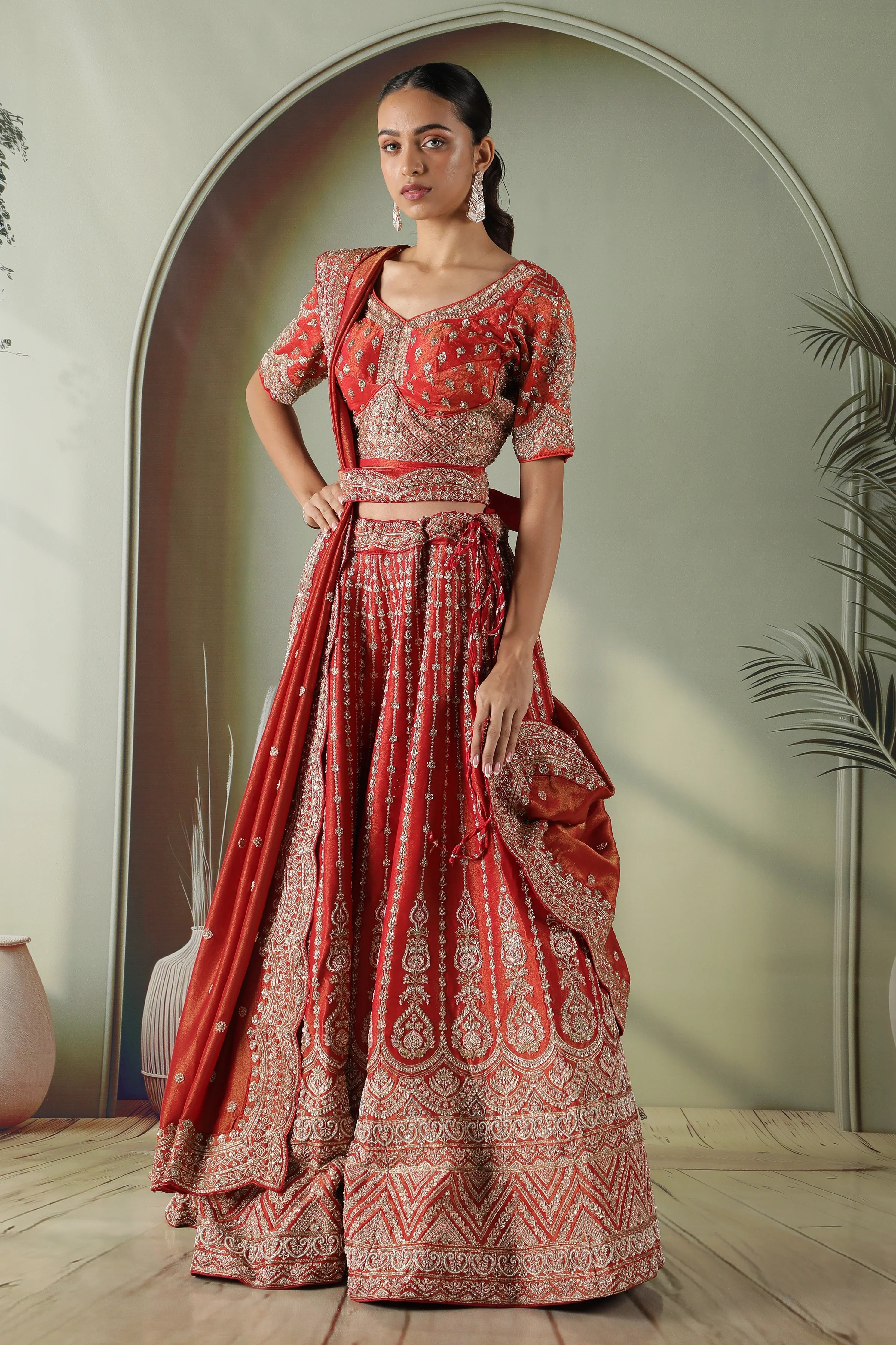 Rust Tissue Silk Bridal Lehenga Set | Mokshaa
