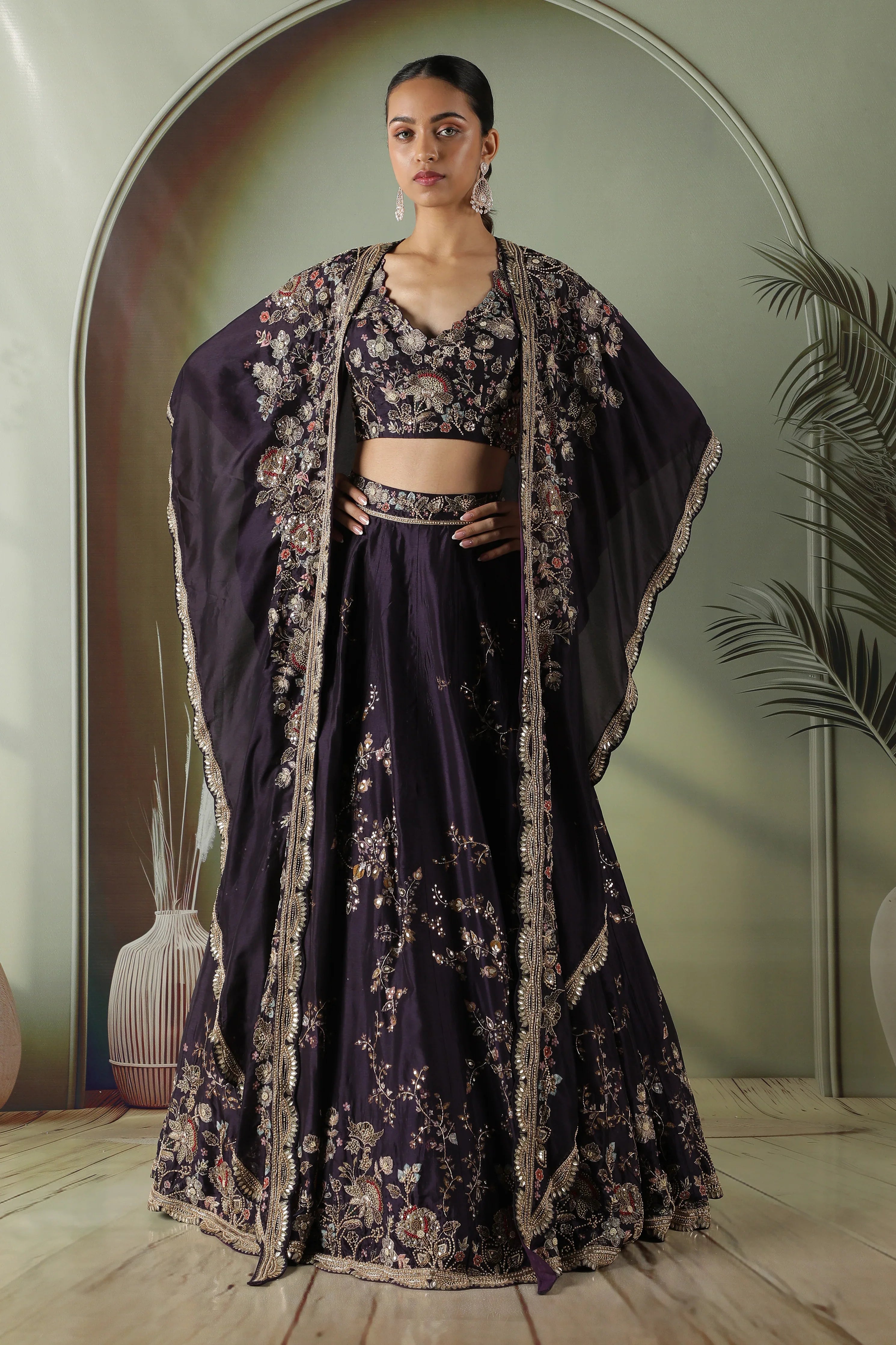 Purple Silk Lehenga with Printed Cape | Mokshaa