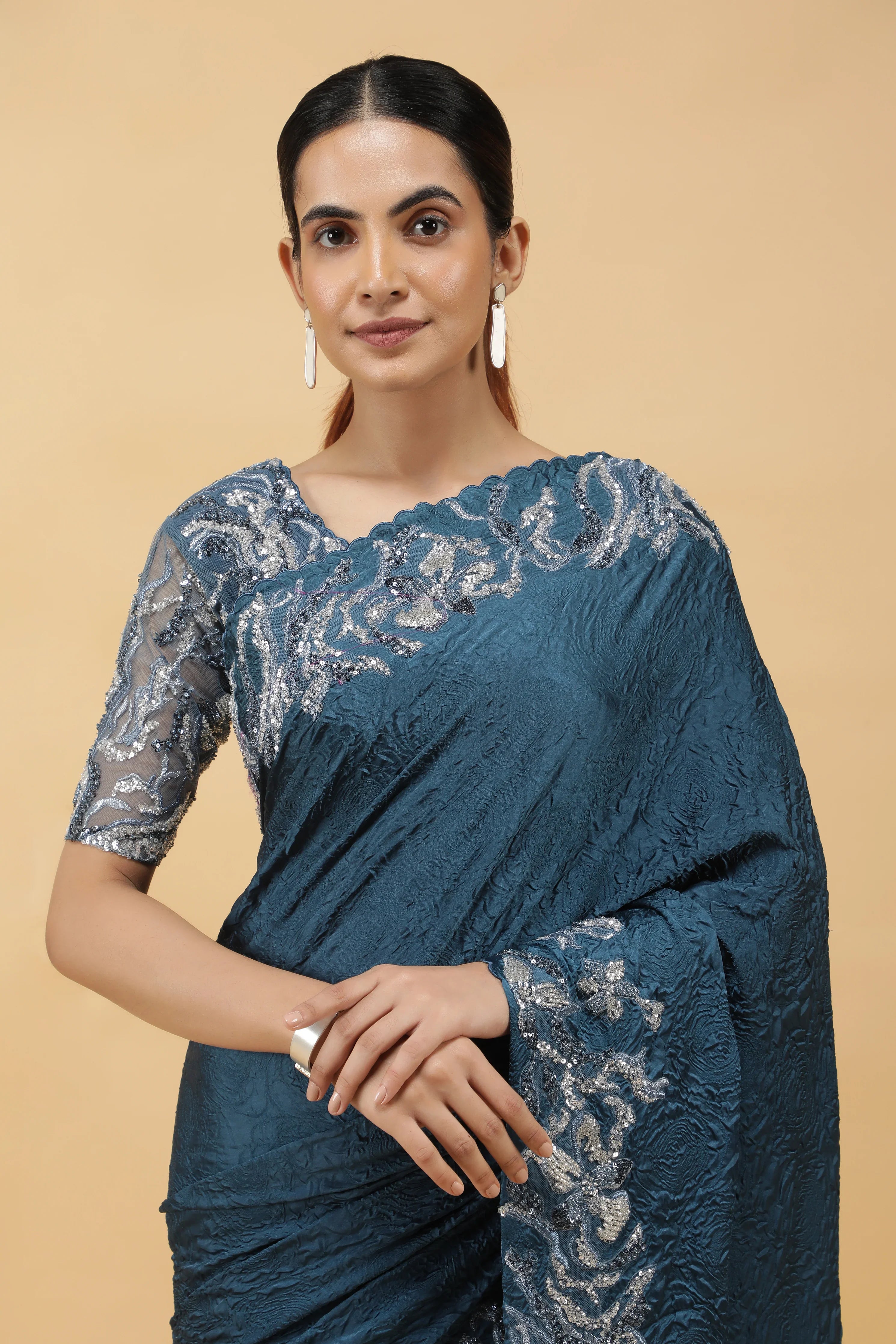 Teal Blue Crepe Silk Saree with Beaded Border - Mokshaa