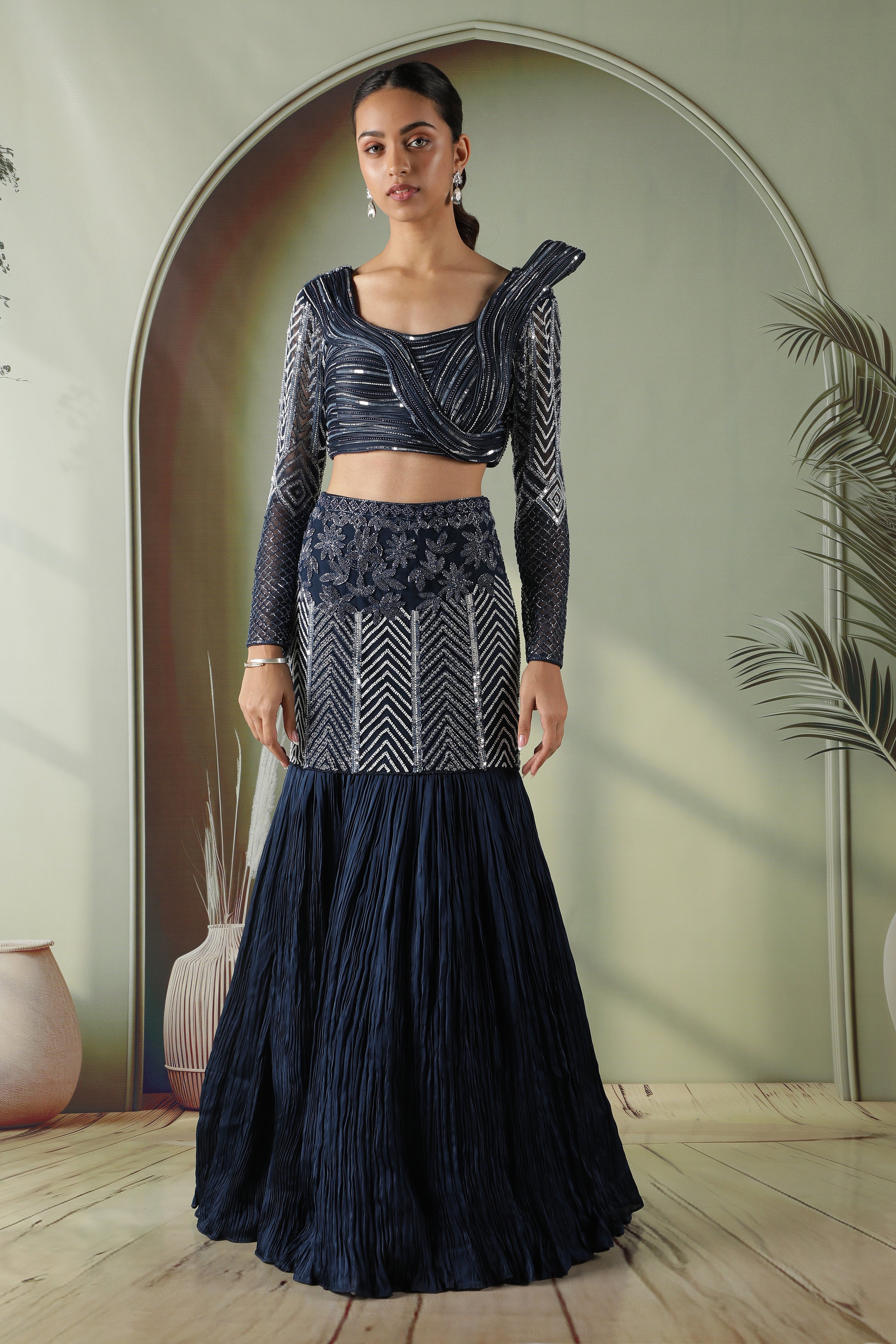 Navy Blue Silk Mermaid Cut Lehenga with Draped Blouse