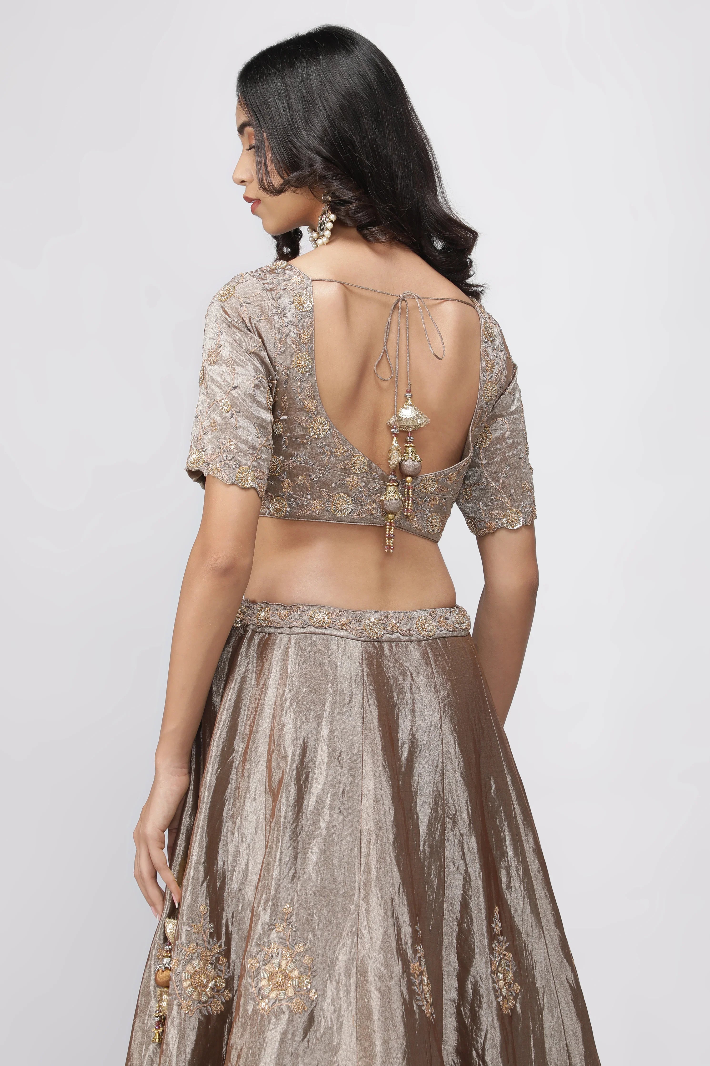 Silver-Gold Tissue Lehenga with Embroidered Blouse - Mokshaa