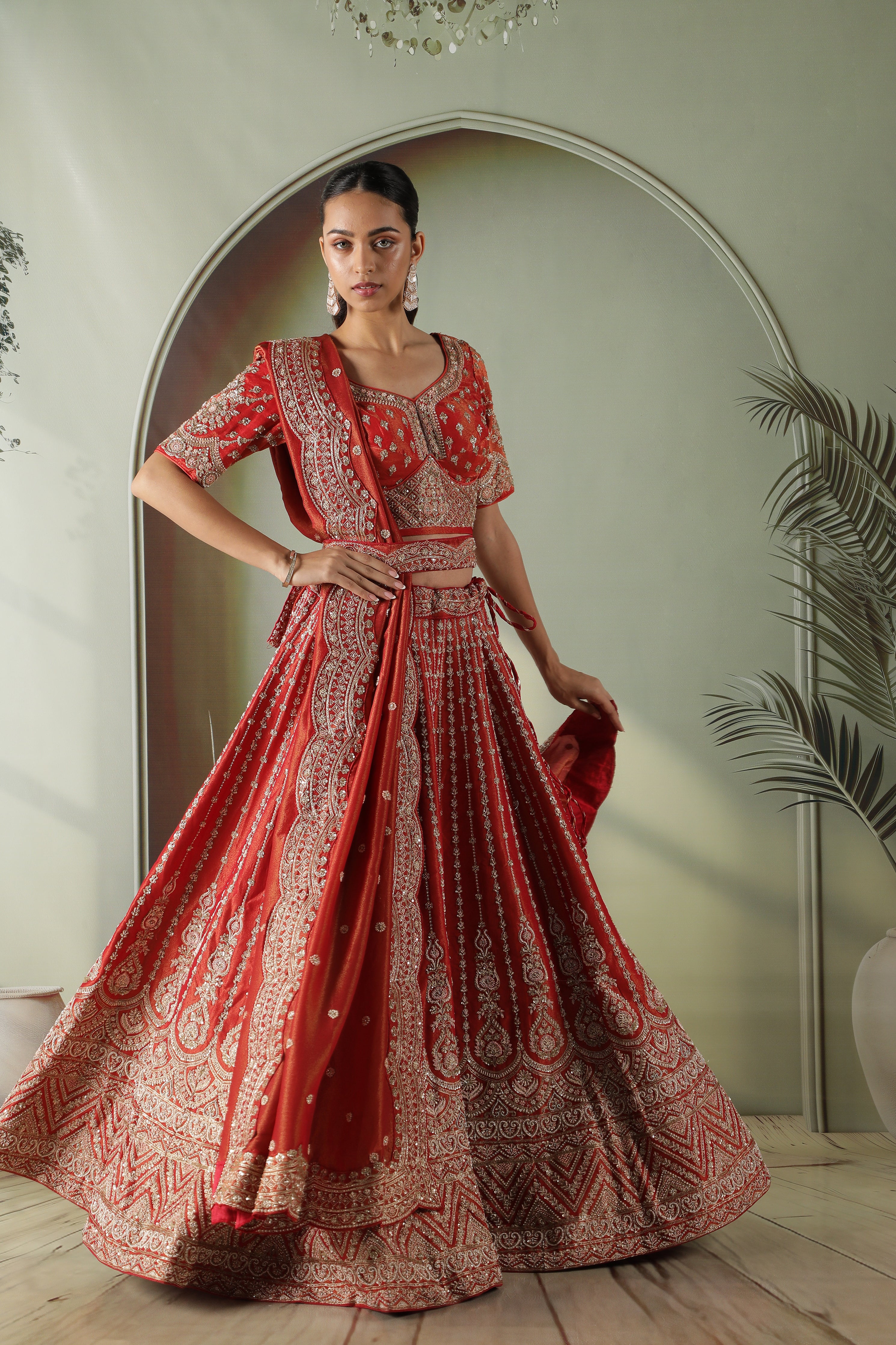 Rust Tissue Silk Bridal Lehenga Set