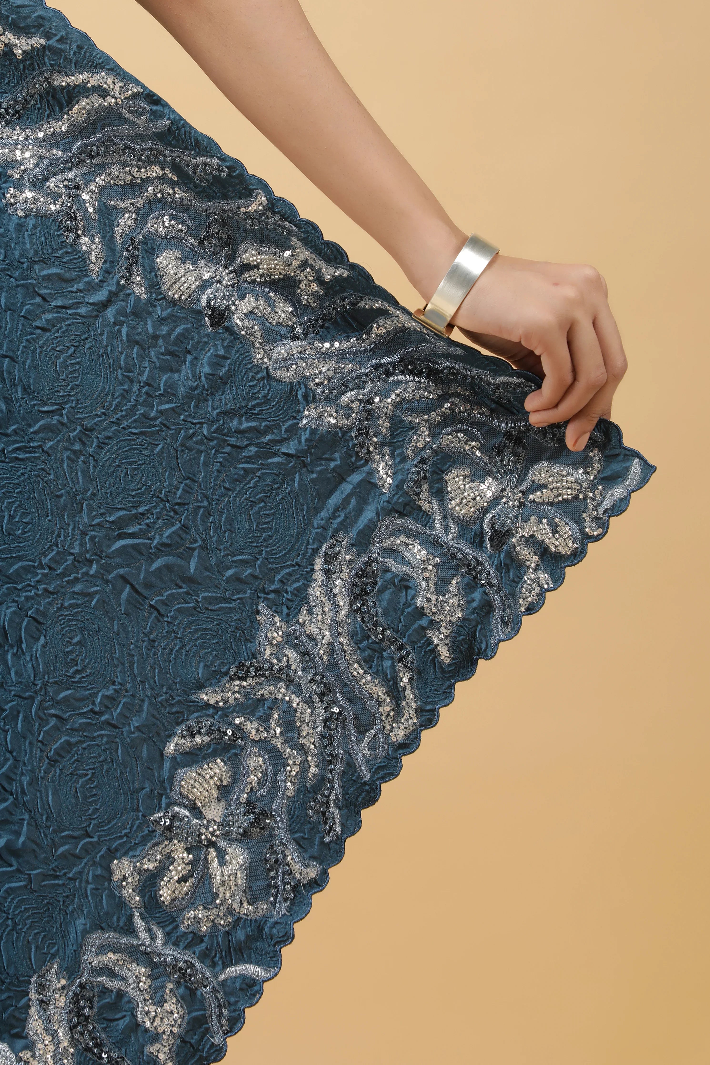 Teal Blue Crepe Silk Saree with Beaded Border - Mokshaa