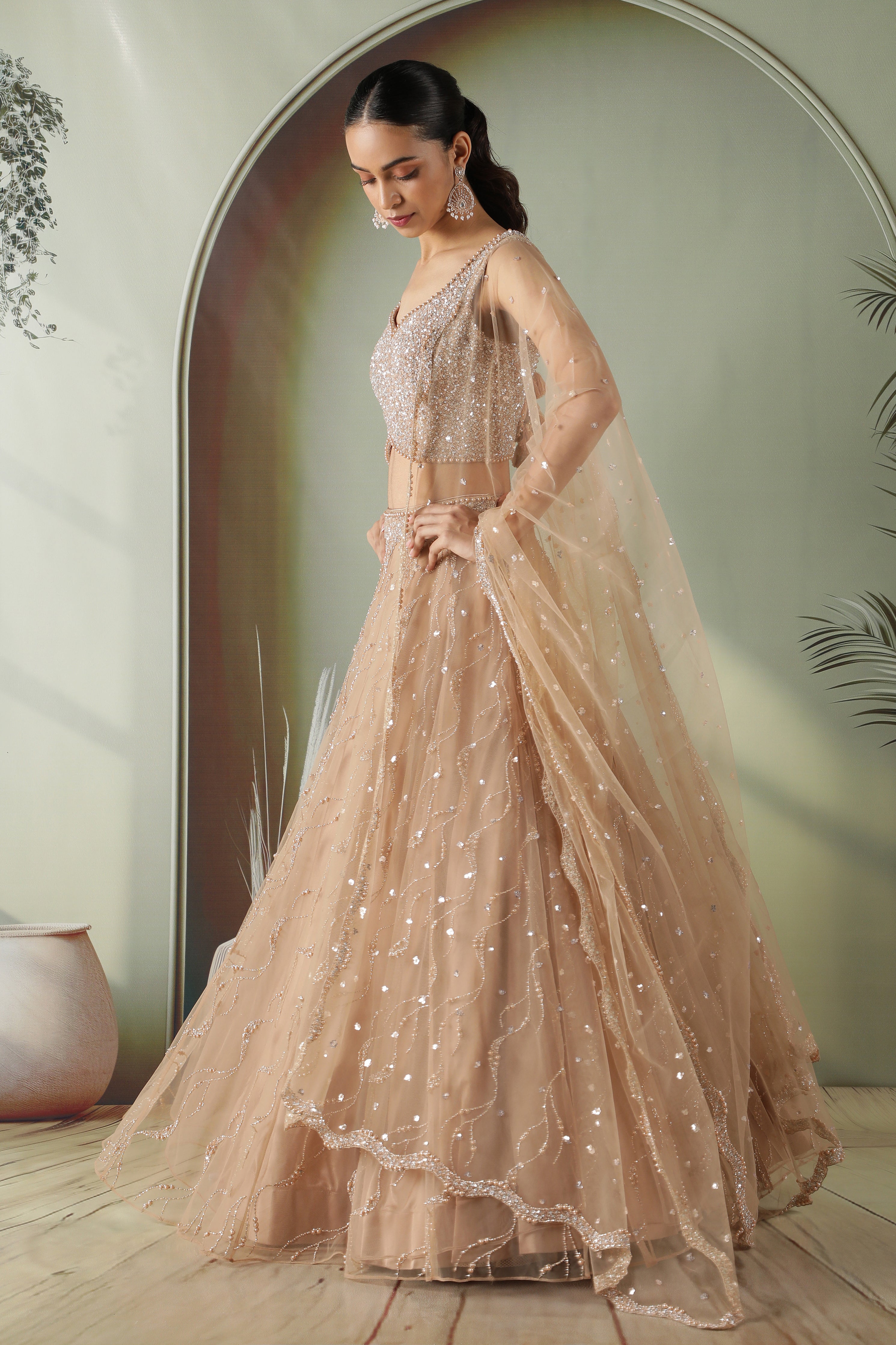 Nude Gold Sequin Embellished Net Lehenga Set