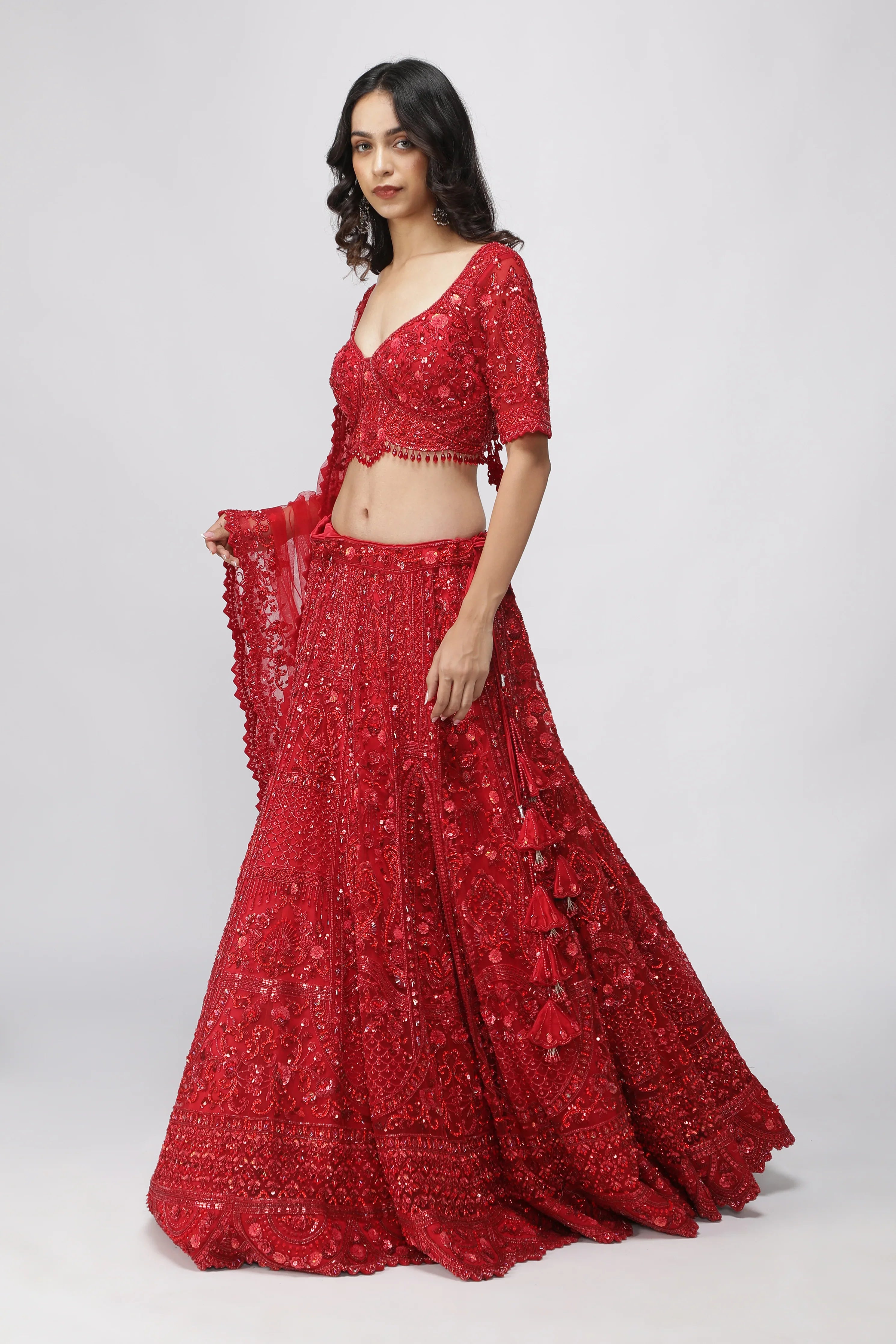Red Net Sequin Embroidered Bridal Lehenga Set | Mokshaa