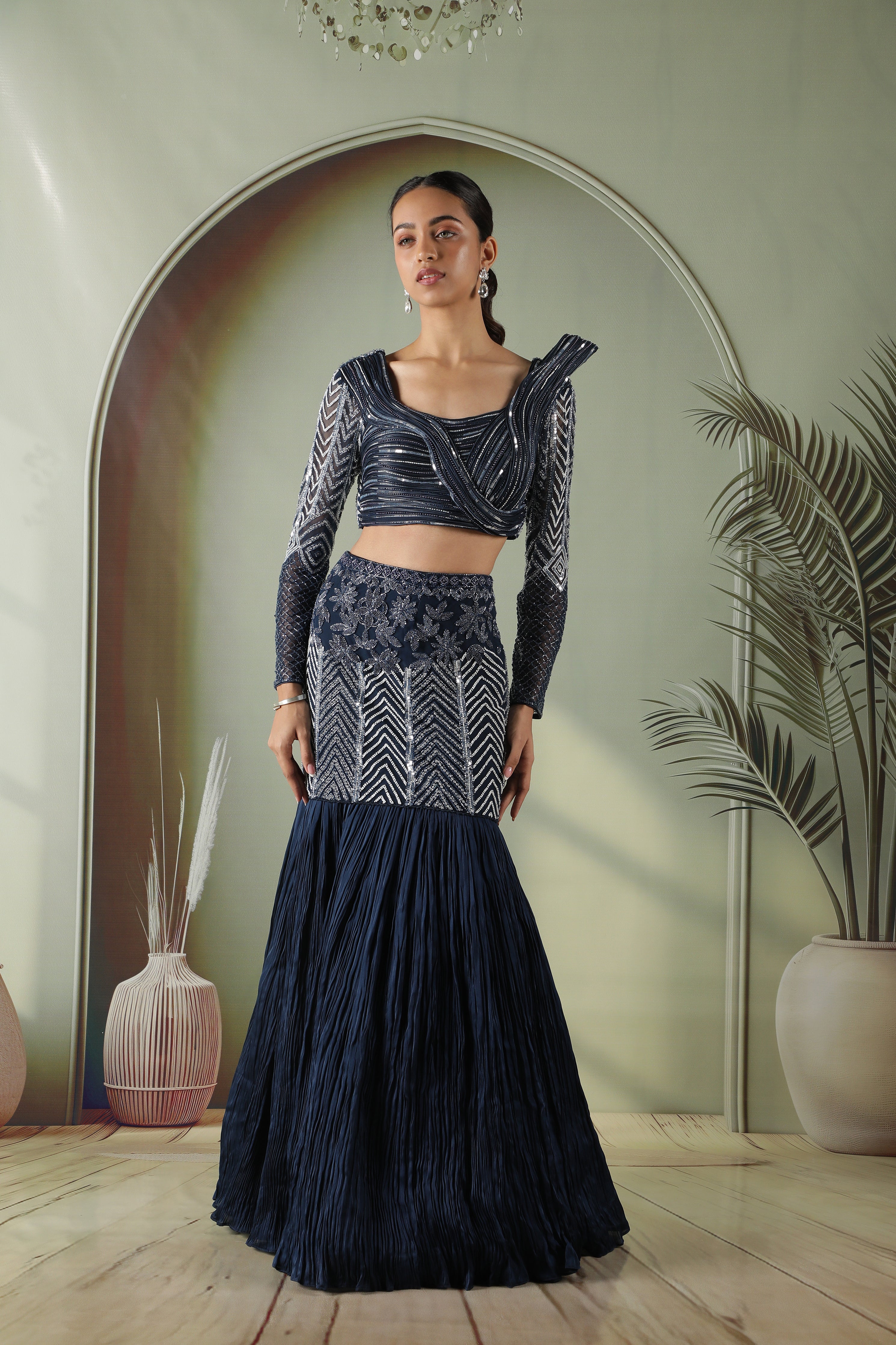 Navy Blue Silk Mermaid Cut Lehenga with Draped Blouse