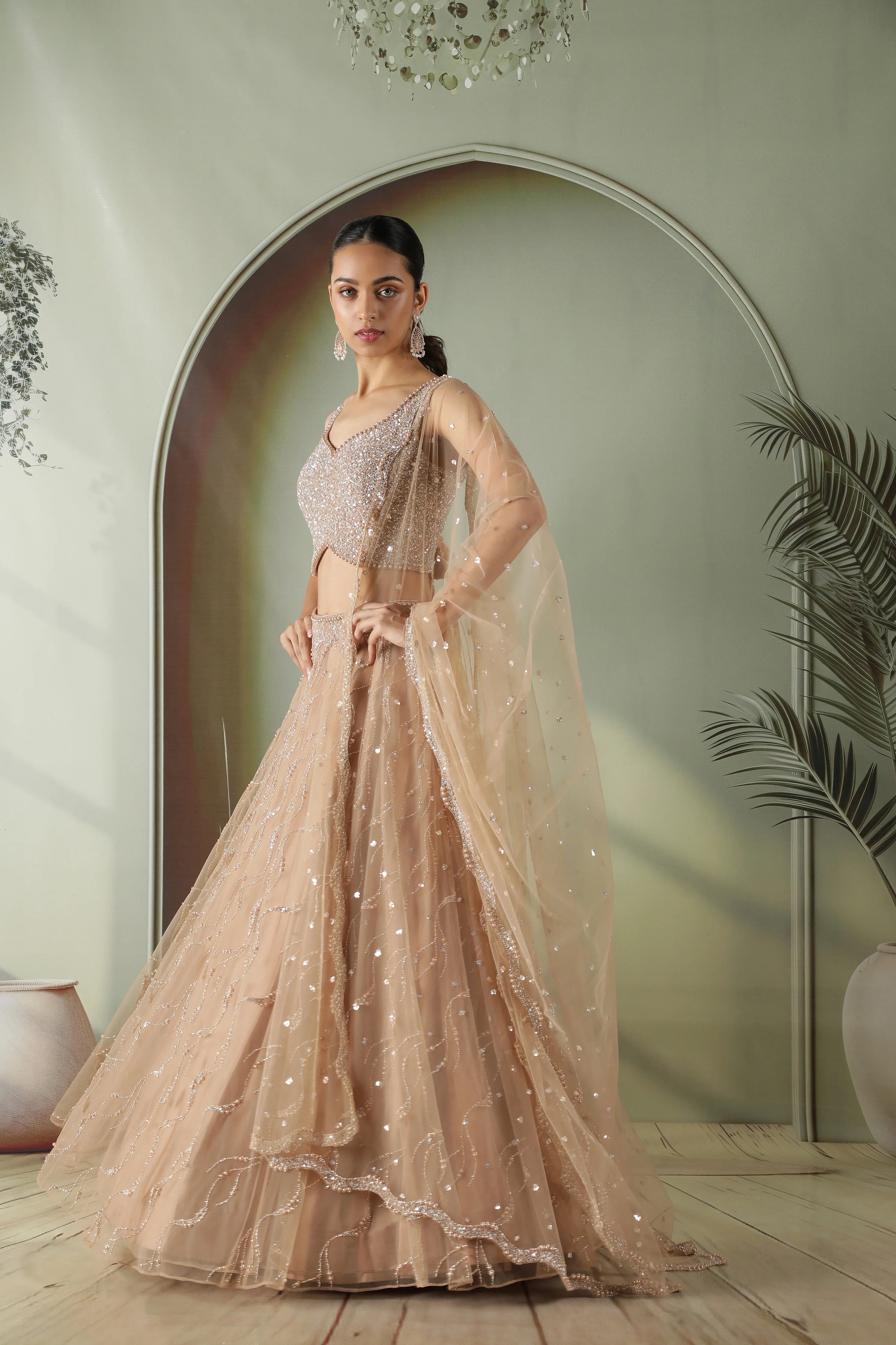 Nude Gold Sequin Embellished Net Lehenga Set | Mokshaa