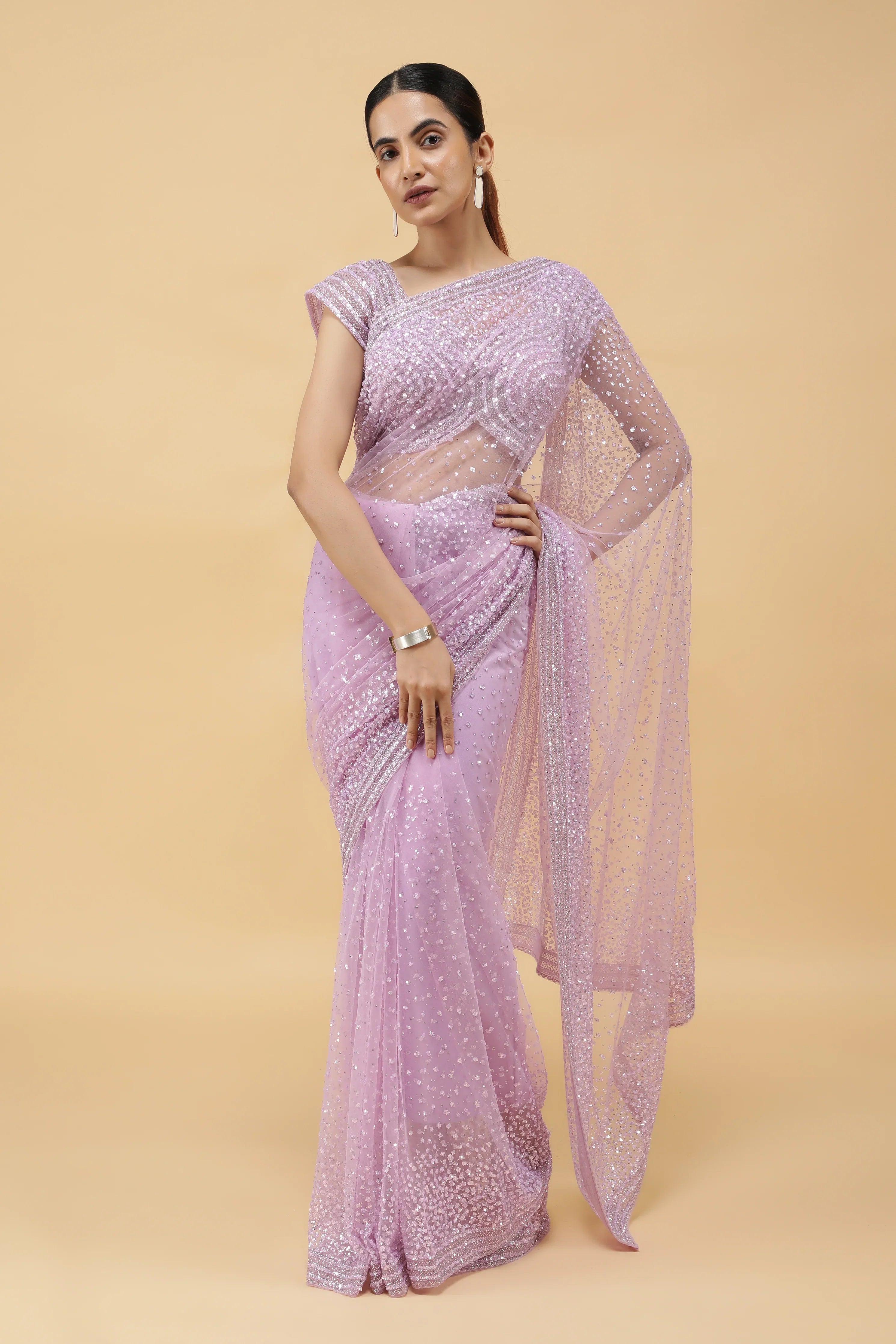 Light Lavender Net Saree with All Over Sequins | Mokshaa