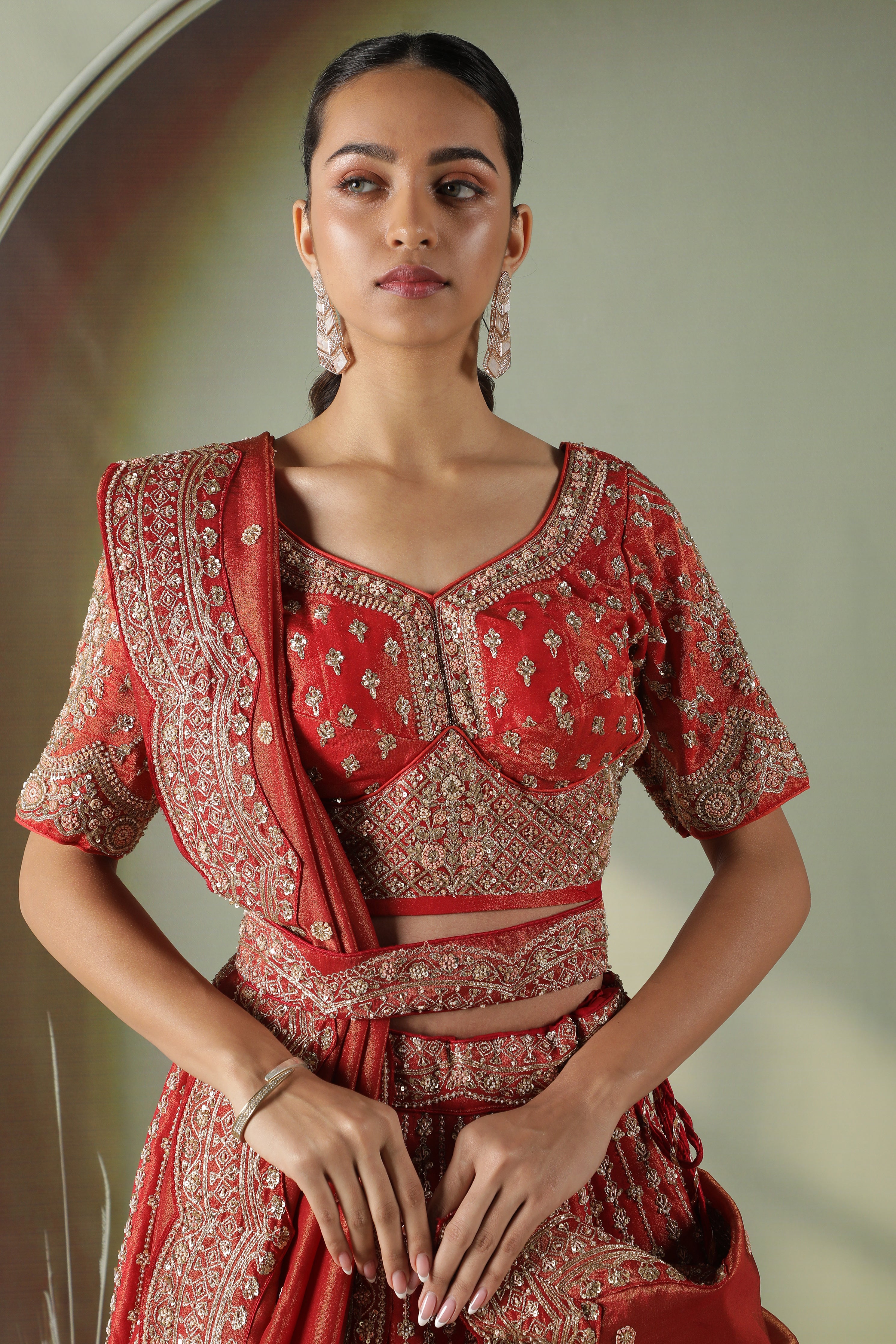 Rust Tissue Silk Bridal Lehenga Set