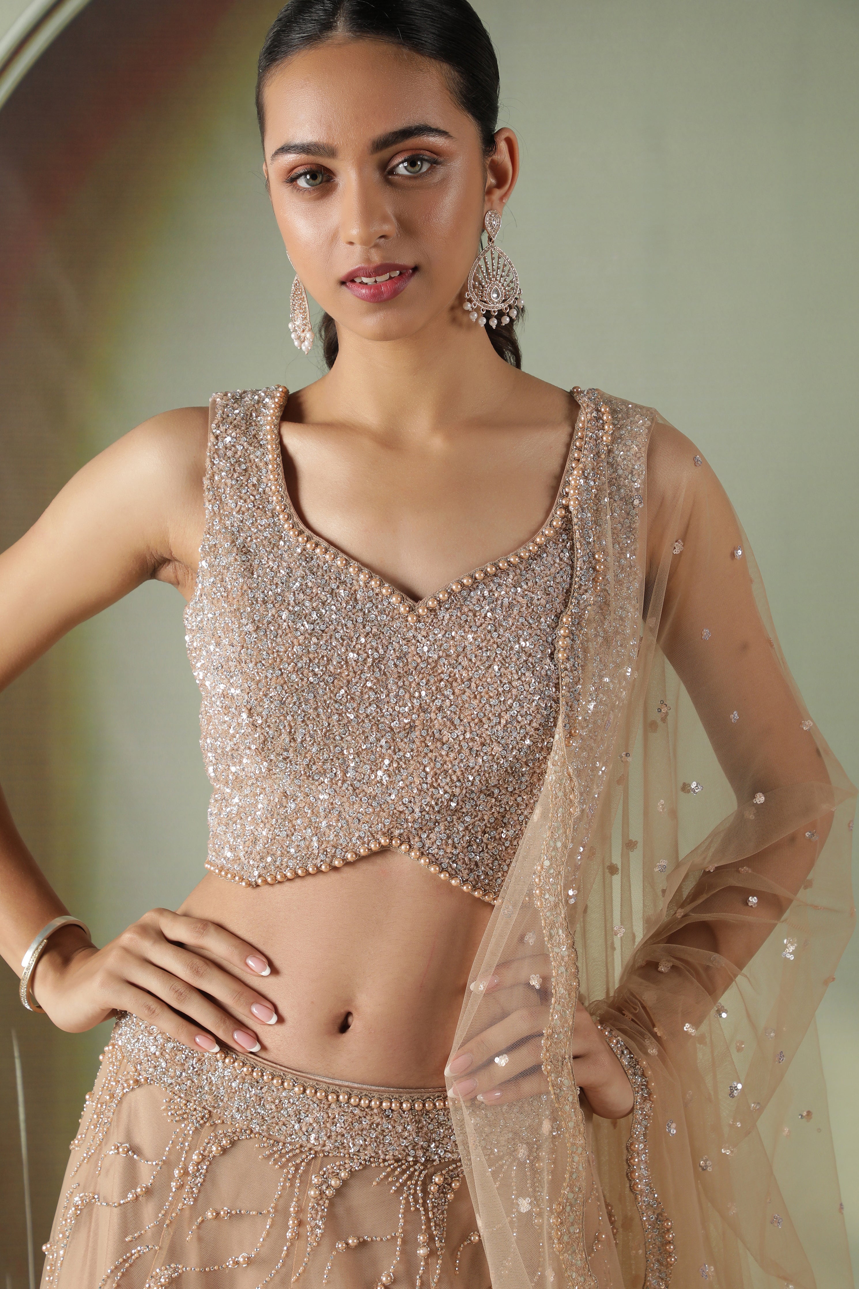 Nude Gold Sequin Embellished Net Lehenga Set