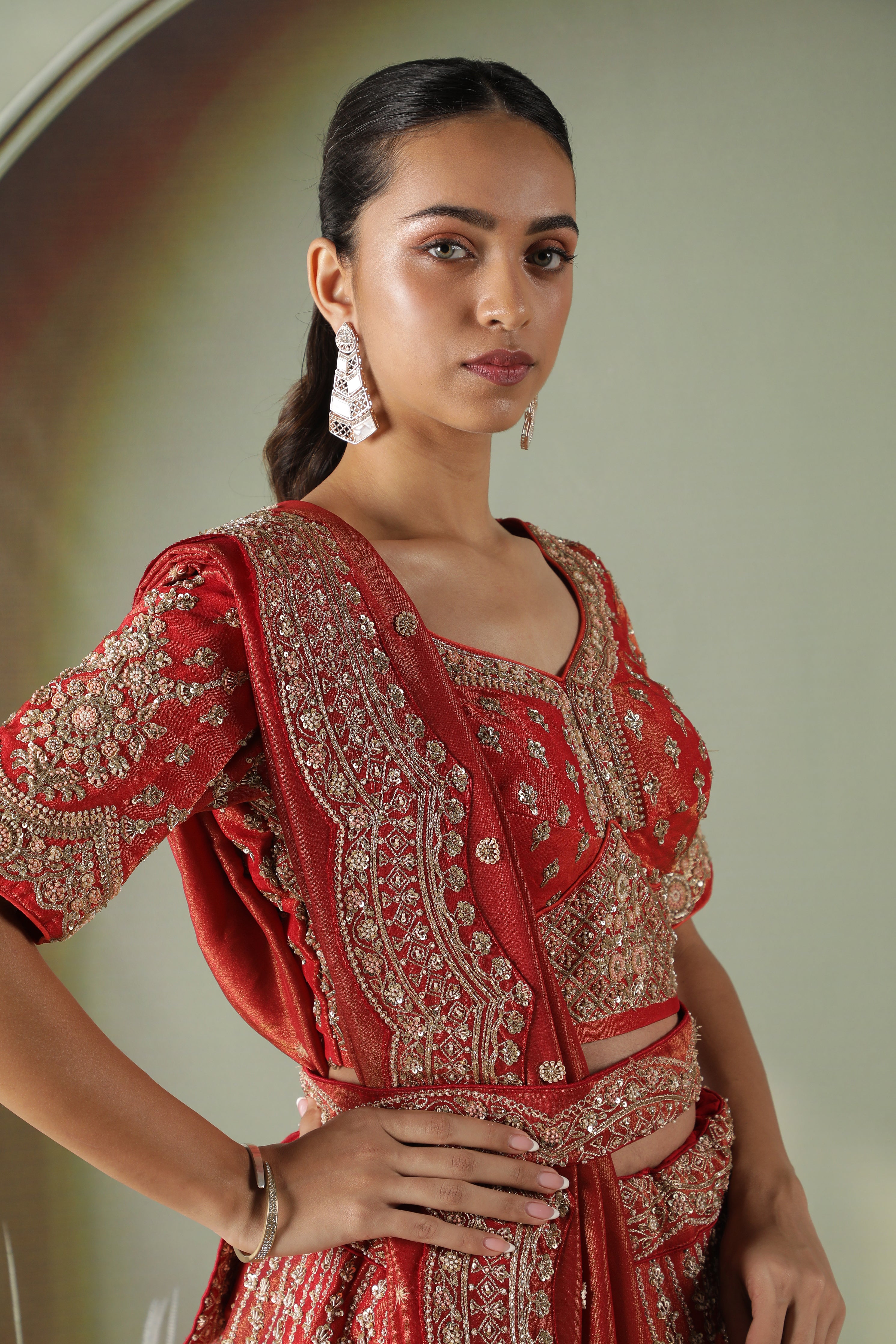 Rust Tissue Silk Bridal Lehenga Set