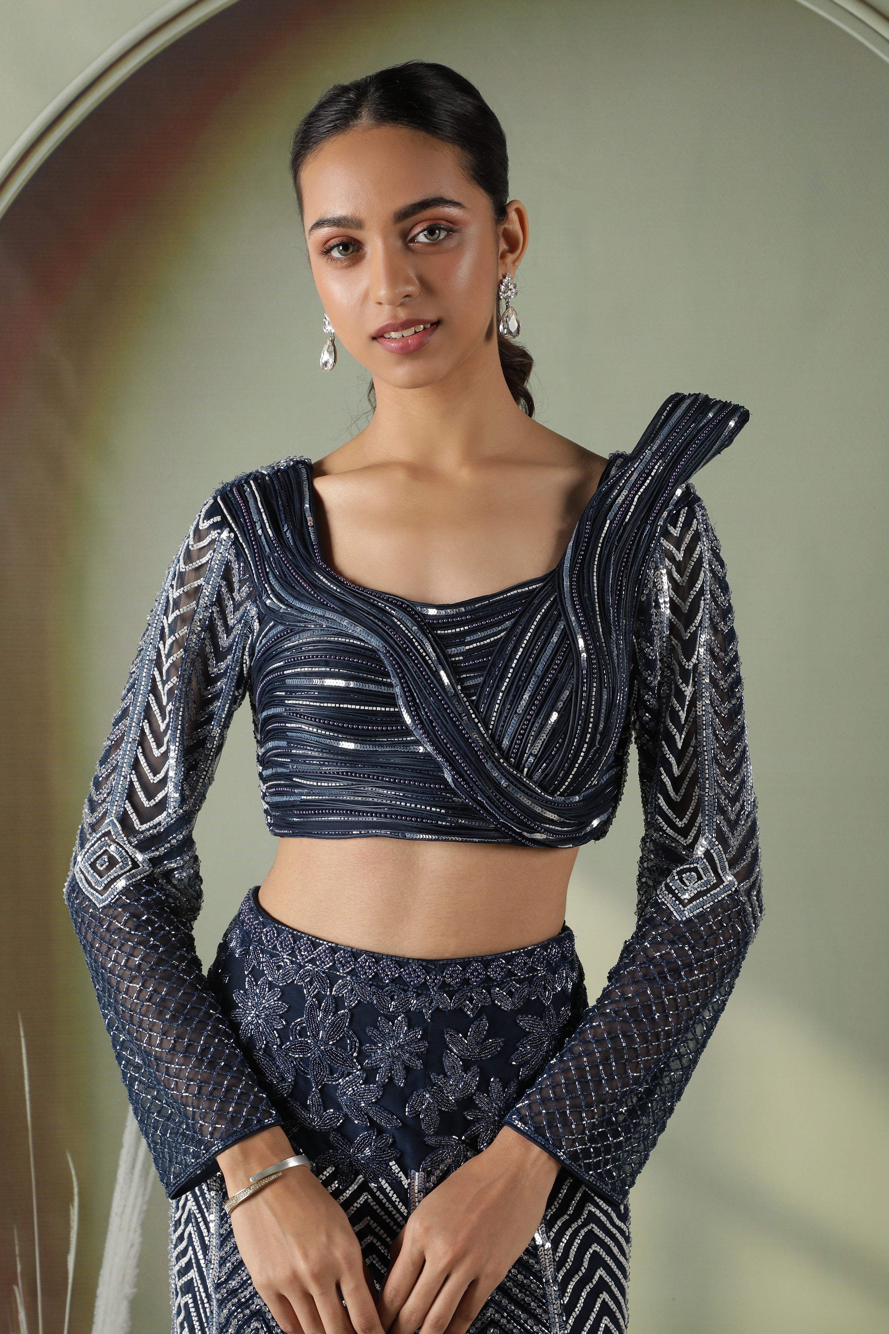 Navy Blue Silk Mermaid Cut Lehenga with Draped Blouse