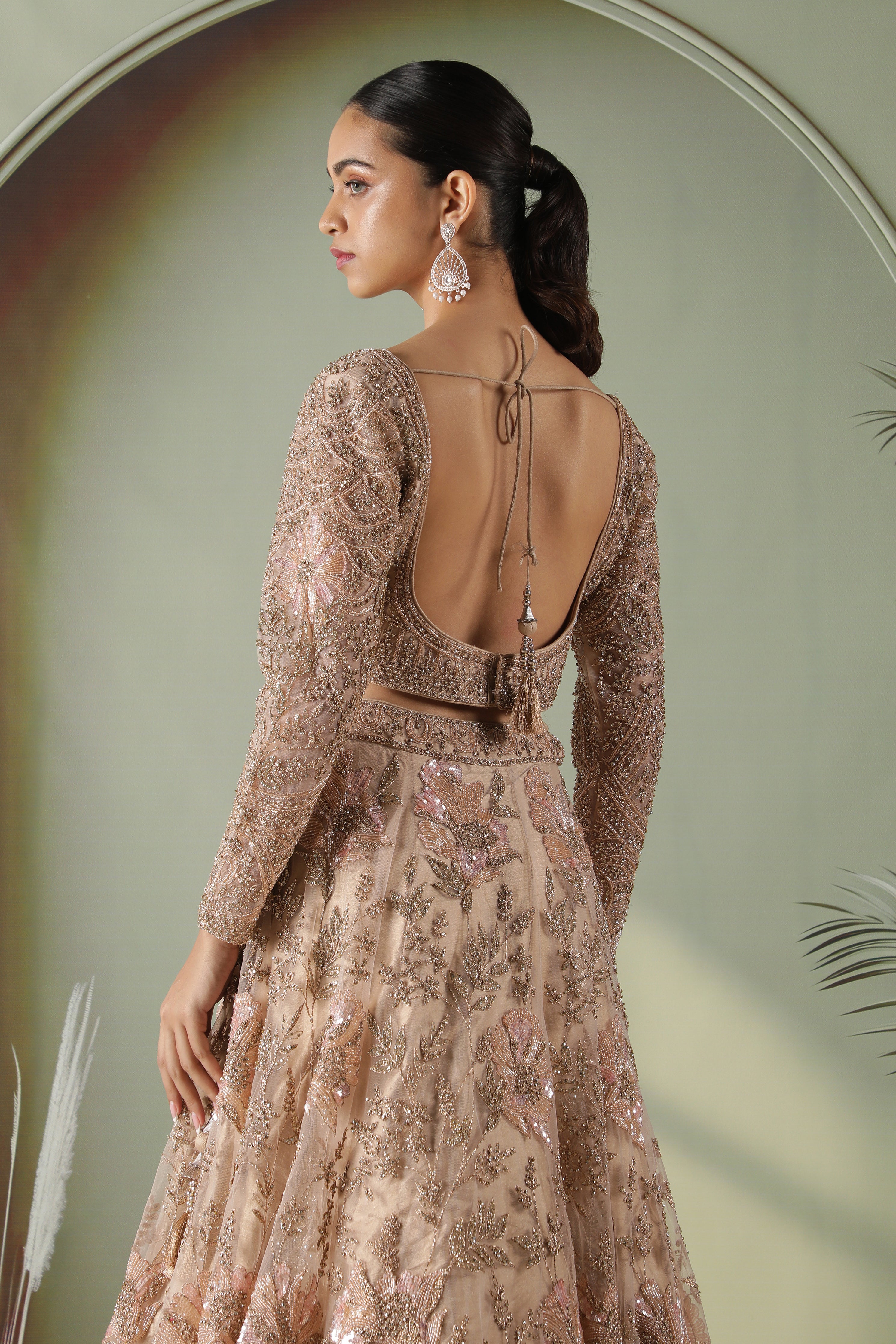 Champagne Gold Floral Embroidered Net Lehenga Set