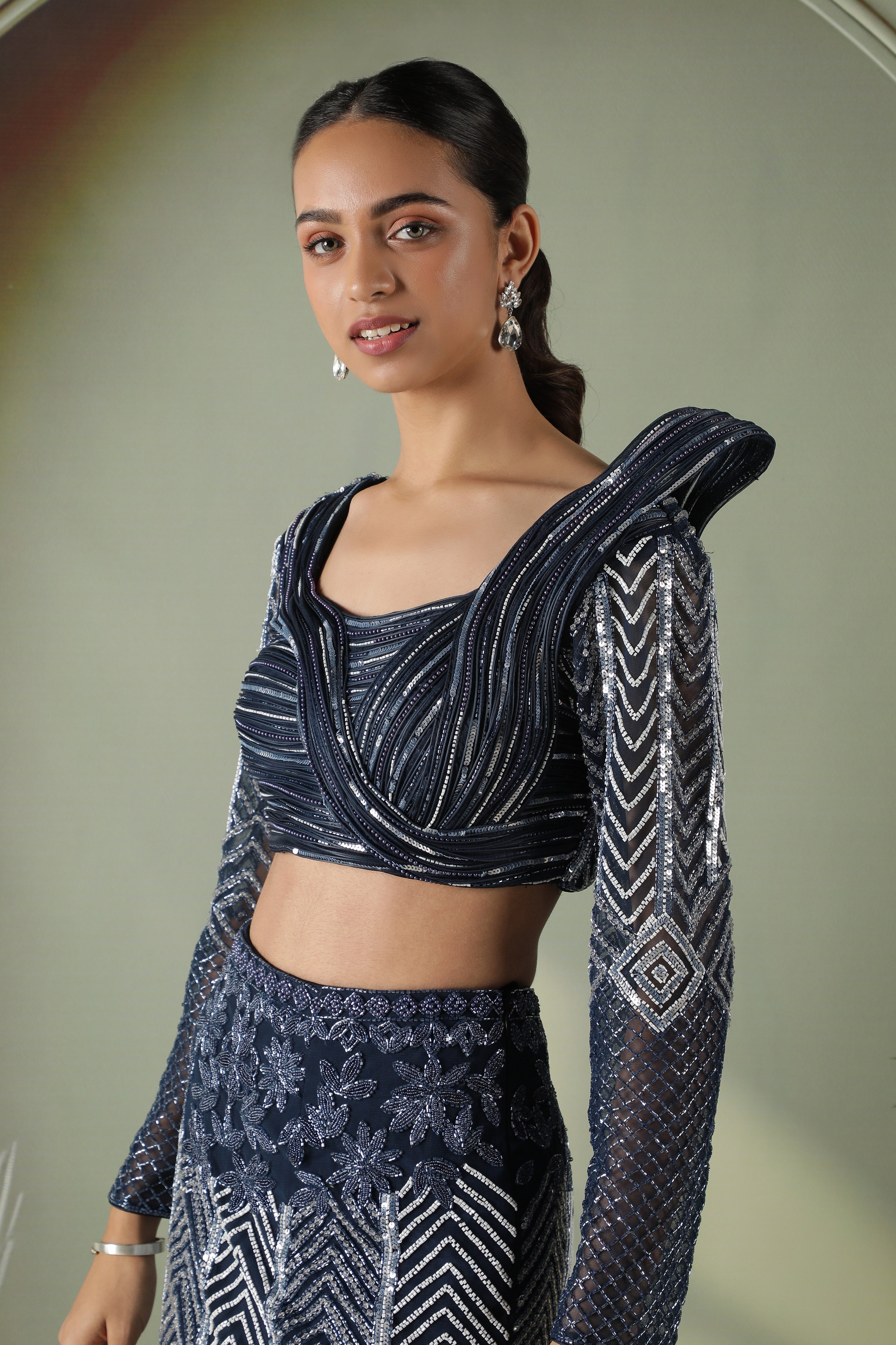 Navy Blue Silk Mermaid Cut Lehenga with Draped Blouse