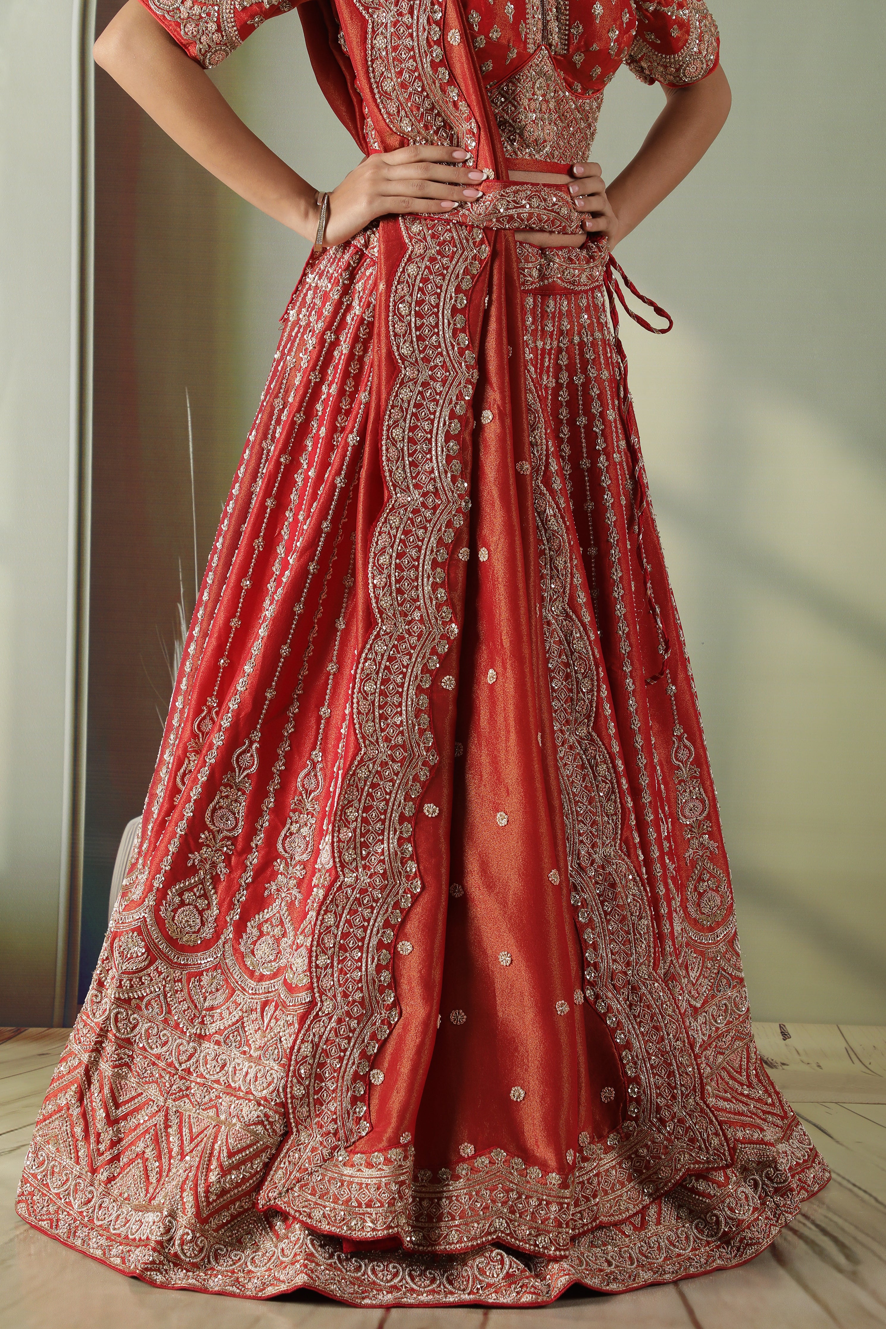 Rust Tissue Silk Bridal Lehenga Set