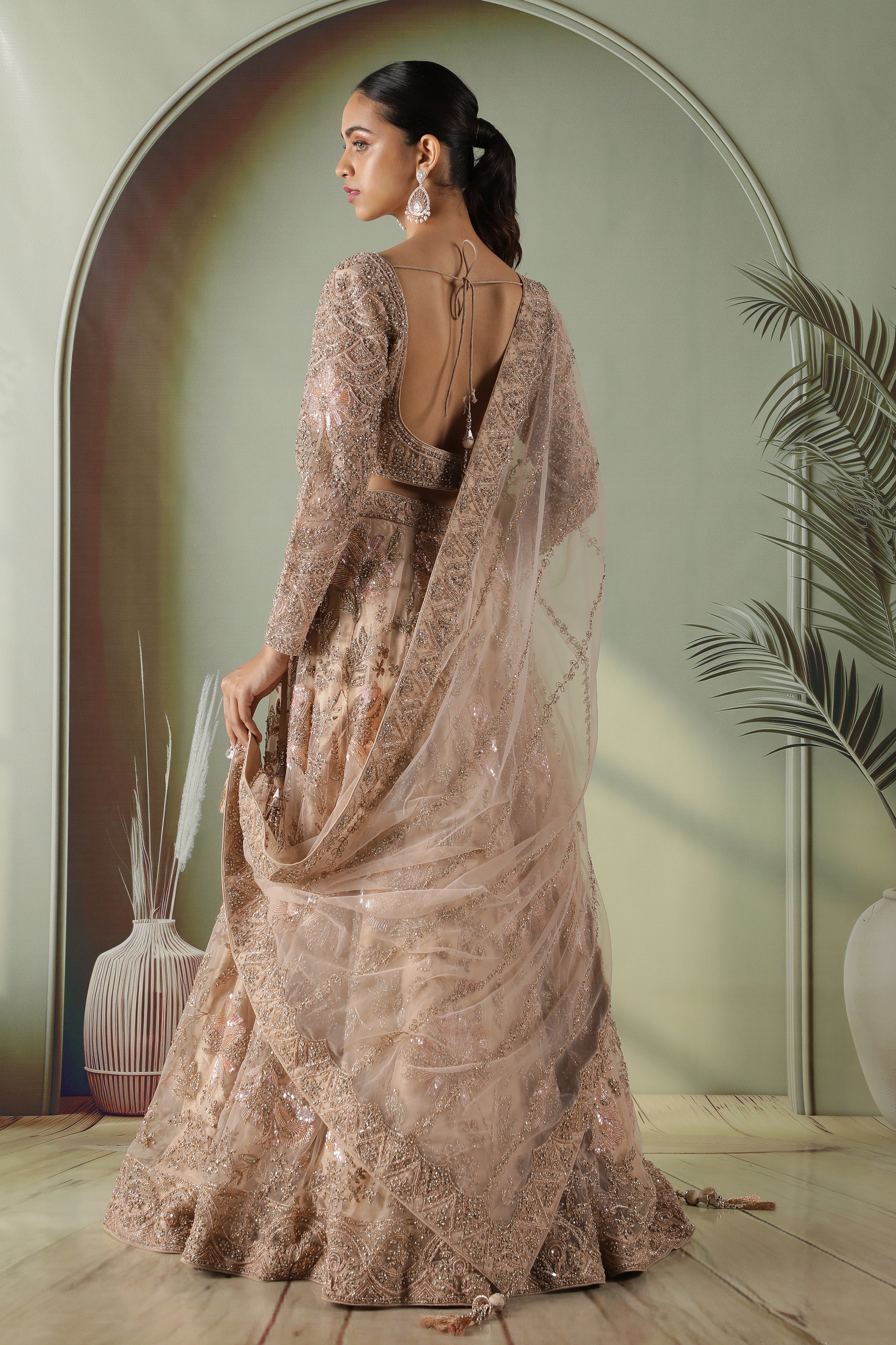 Champagne Gold Floral Embroidered Net Lehenga Set