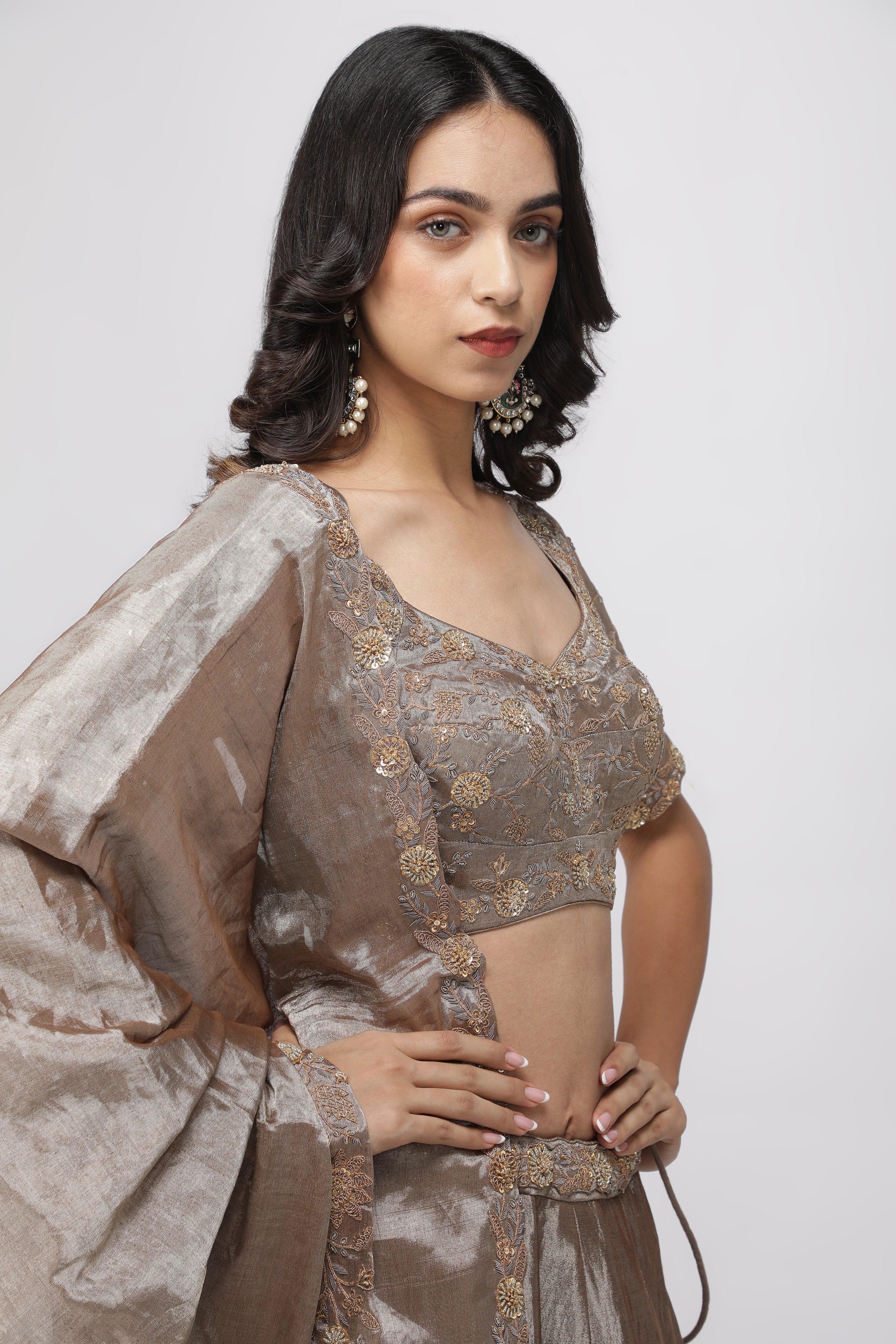 Silver-Gold Tissue Lehenga with Embroidered Blouse - Mokshaa