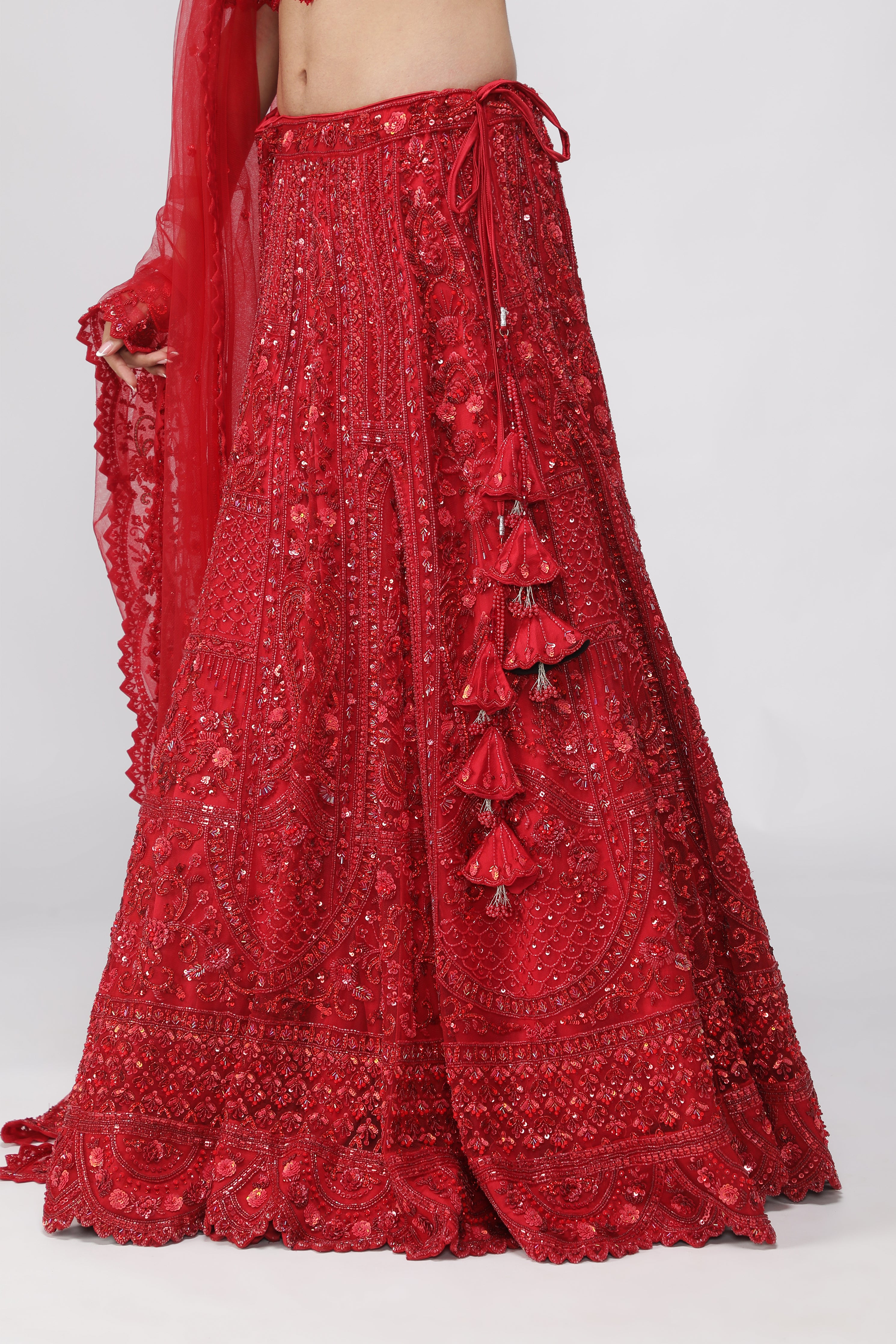 Red Net Sequin Embroidered Bridal Lehenga Set