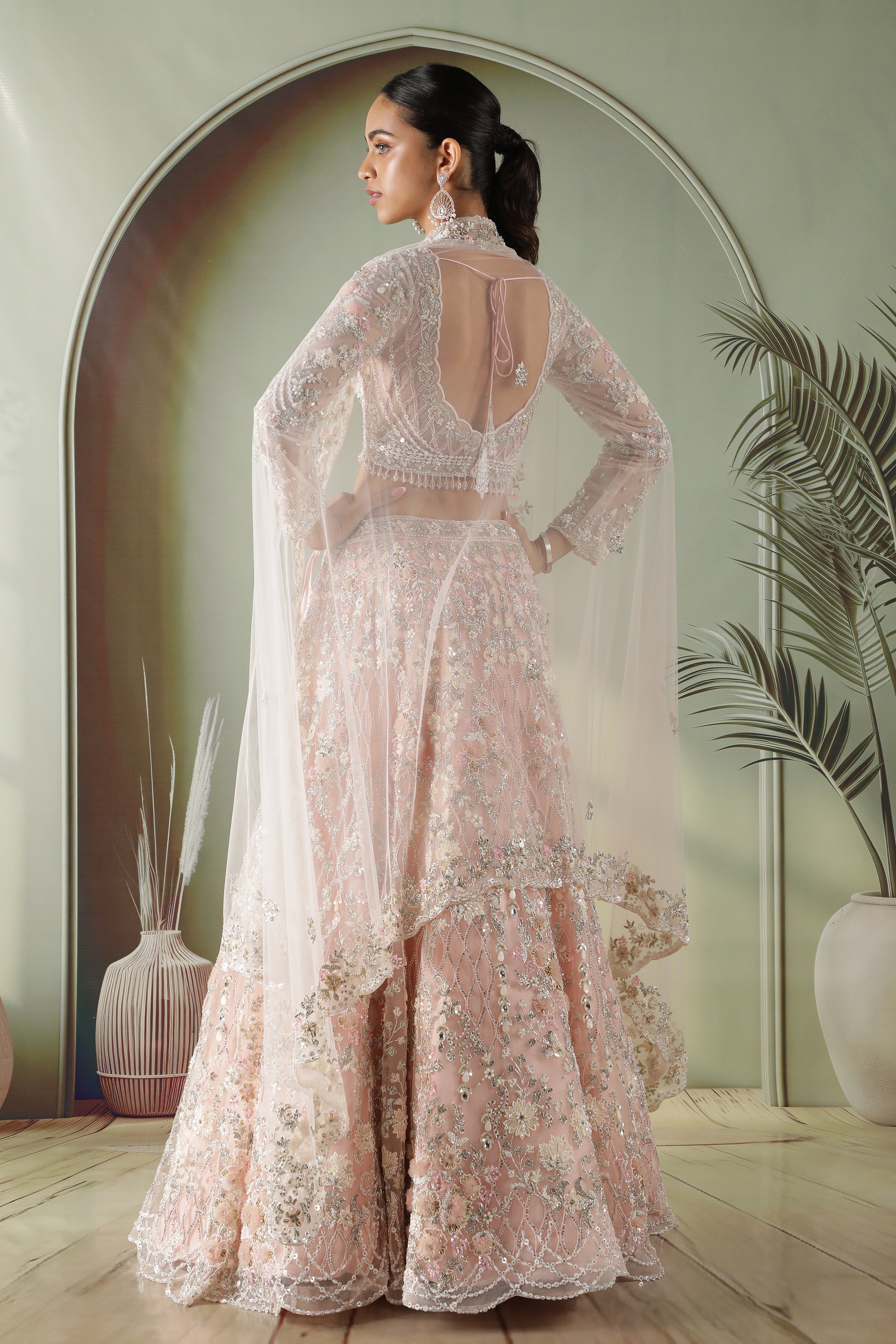 Pink Net Lehenga Set with Pearl, Stone & Sequin Embroidery