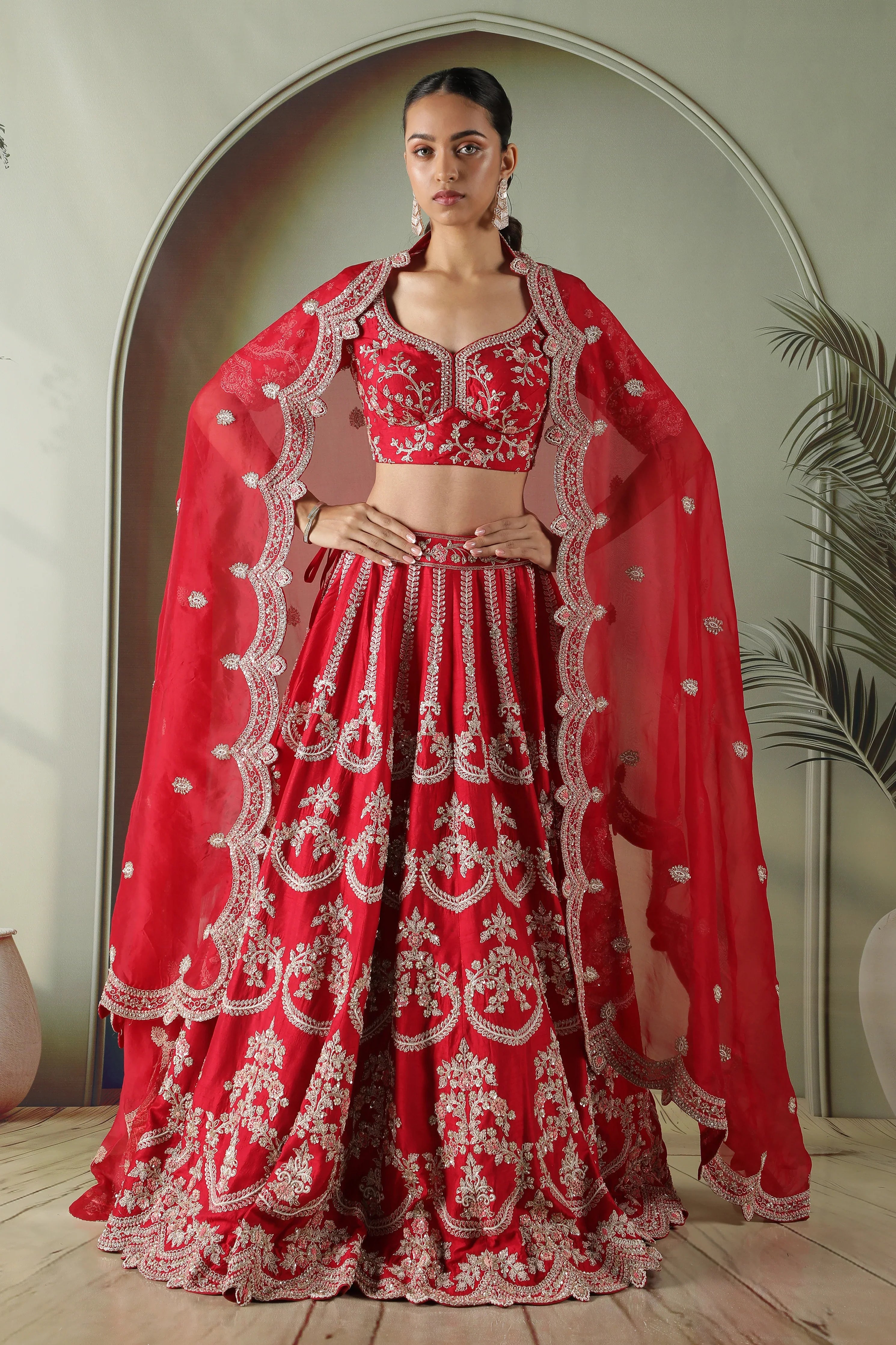 Red Raw Silk Bridal Lehenga Set | Mokshaa