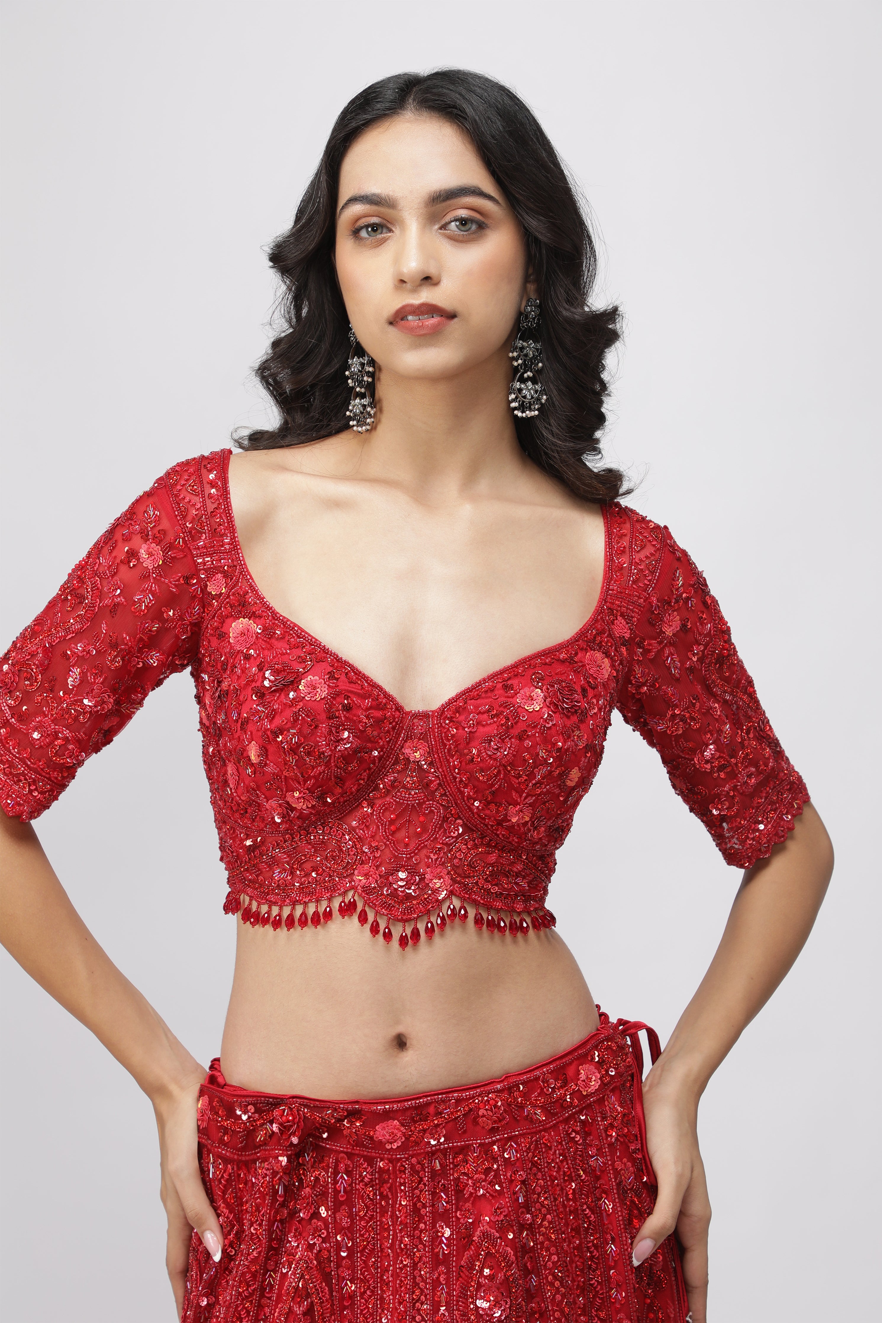 Red Net Sequin Embroidered Bridal Lehenga Set