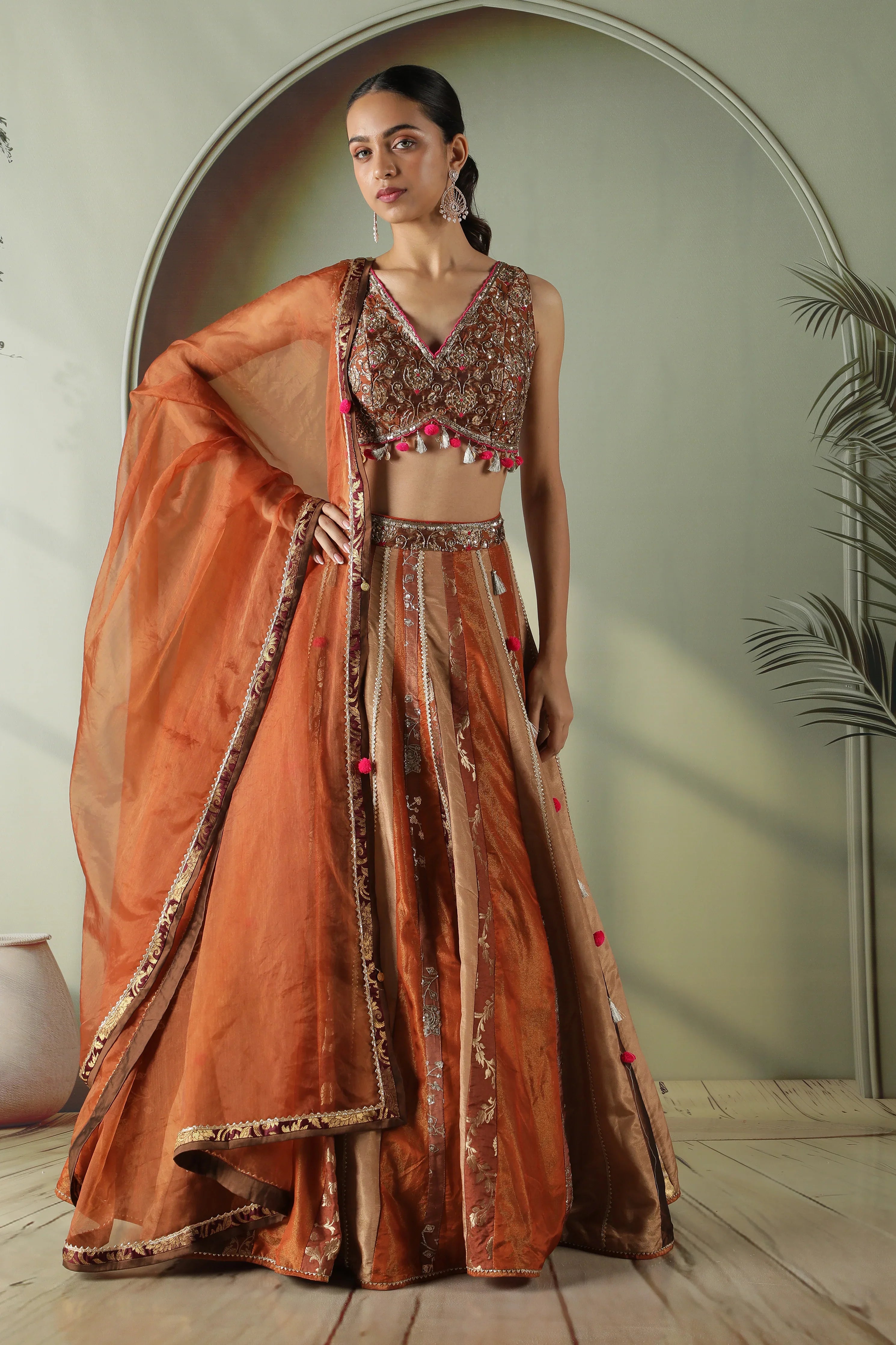 Rust Tissue & Banarasi Lehenga Set | Mokshaa