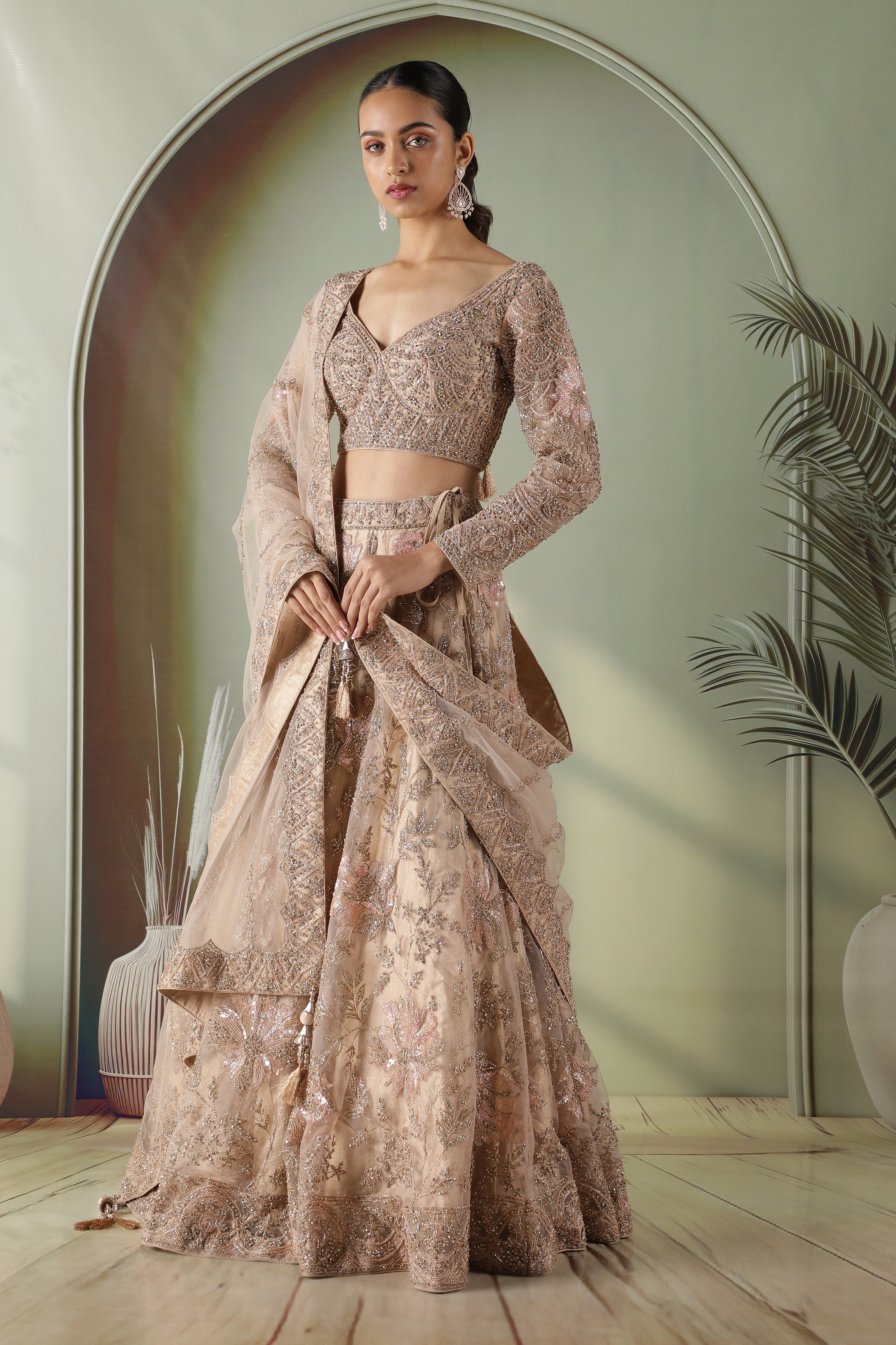 Champagne Gold Floral Embroidered Net Lehenga Set