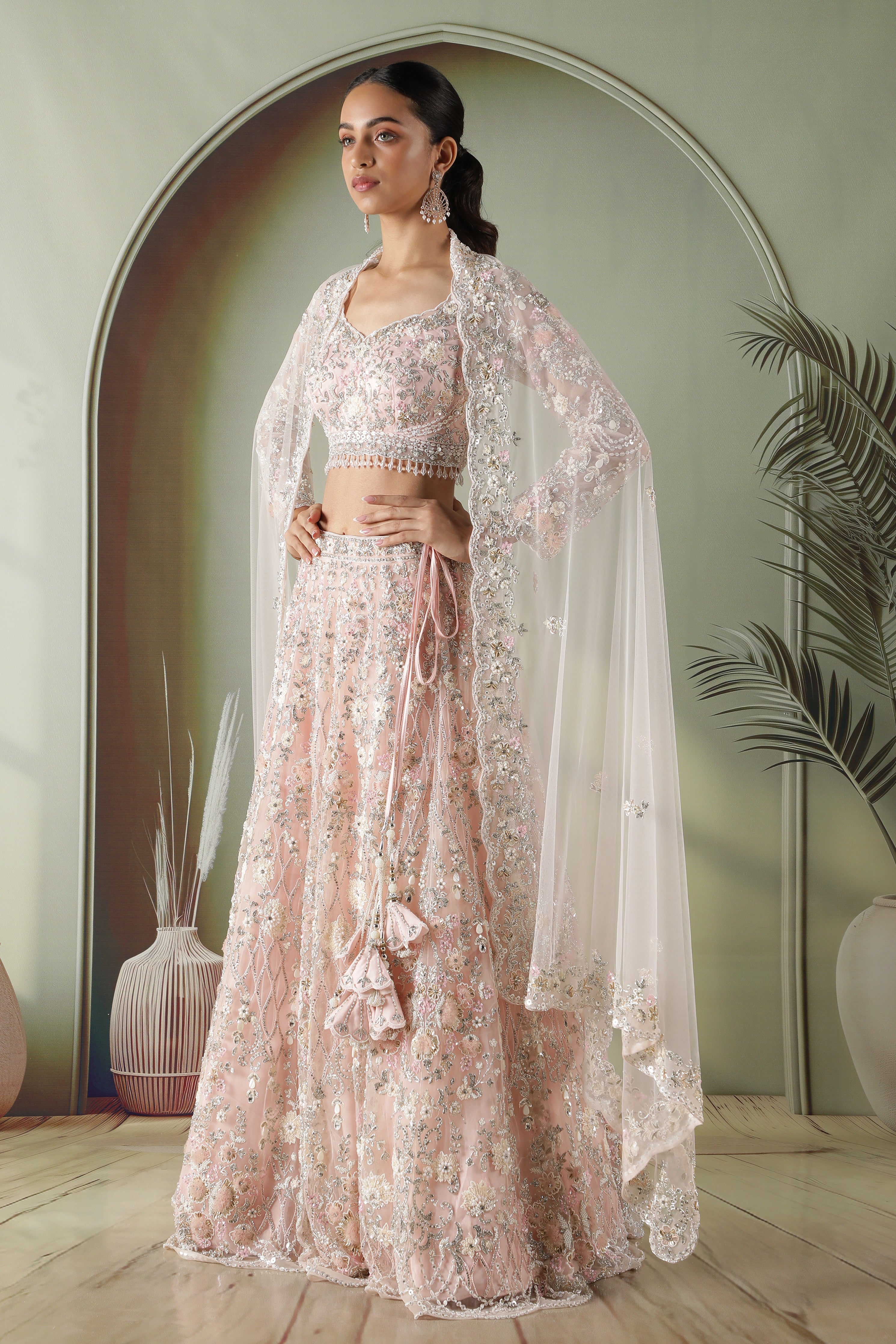 Pink Net Lehenga Set with Pearl, Stone & Sequin Embroidery
