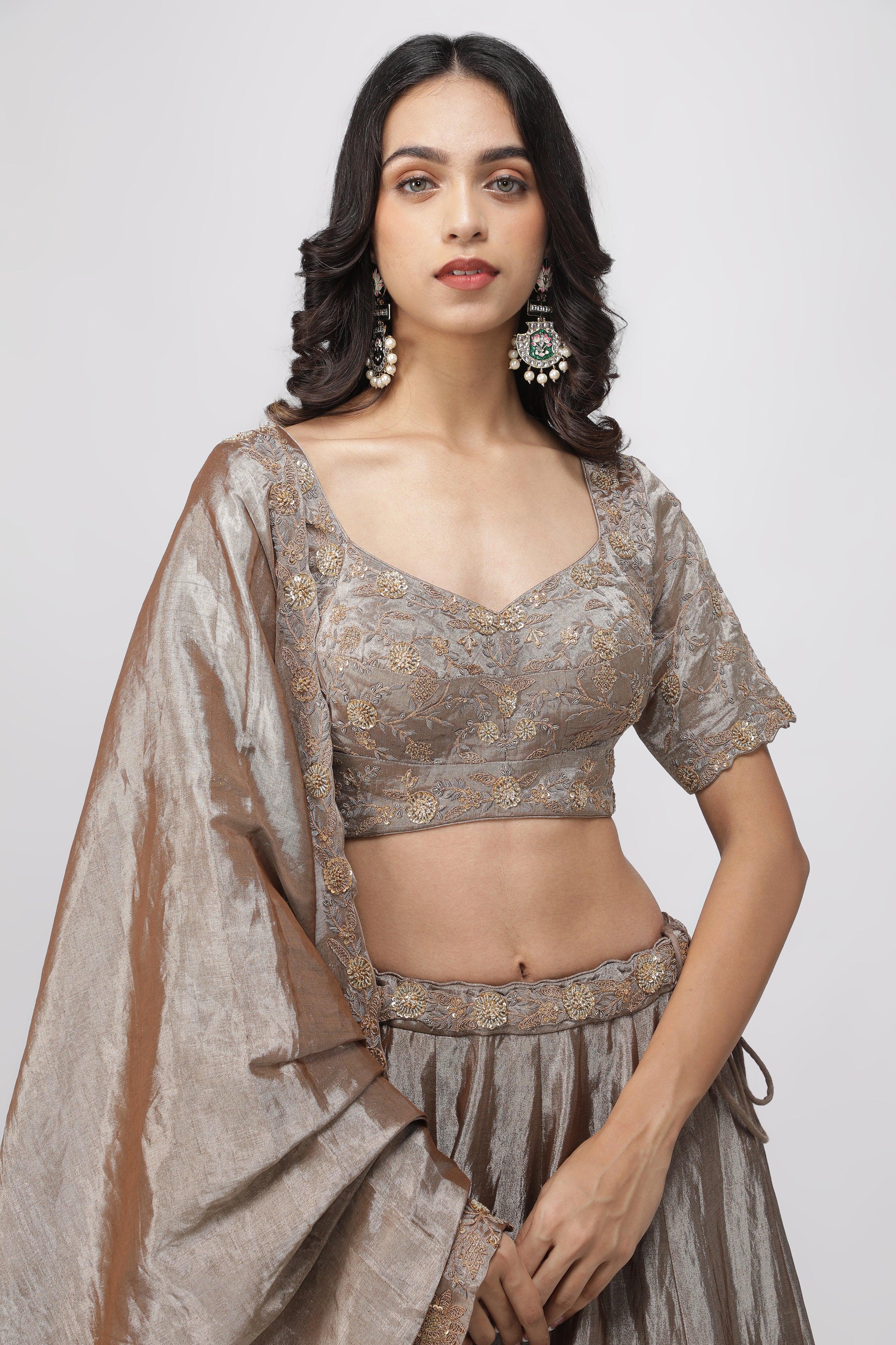 Silver-Gold Tissue Lehenga with Embroidered Blouse - Mokshaa