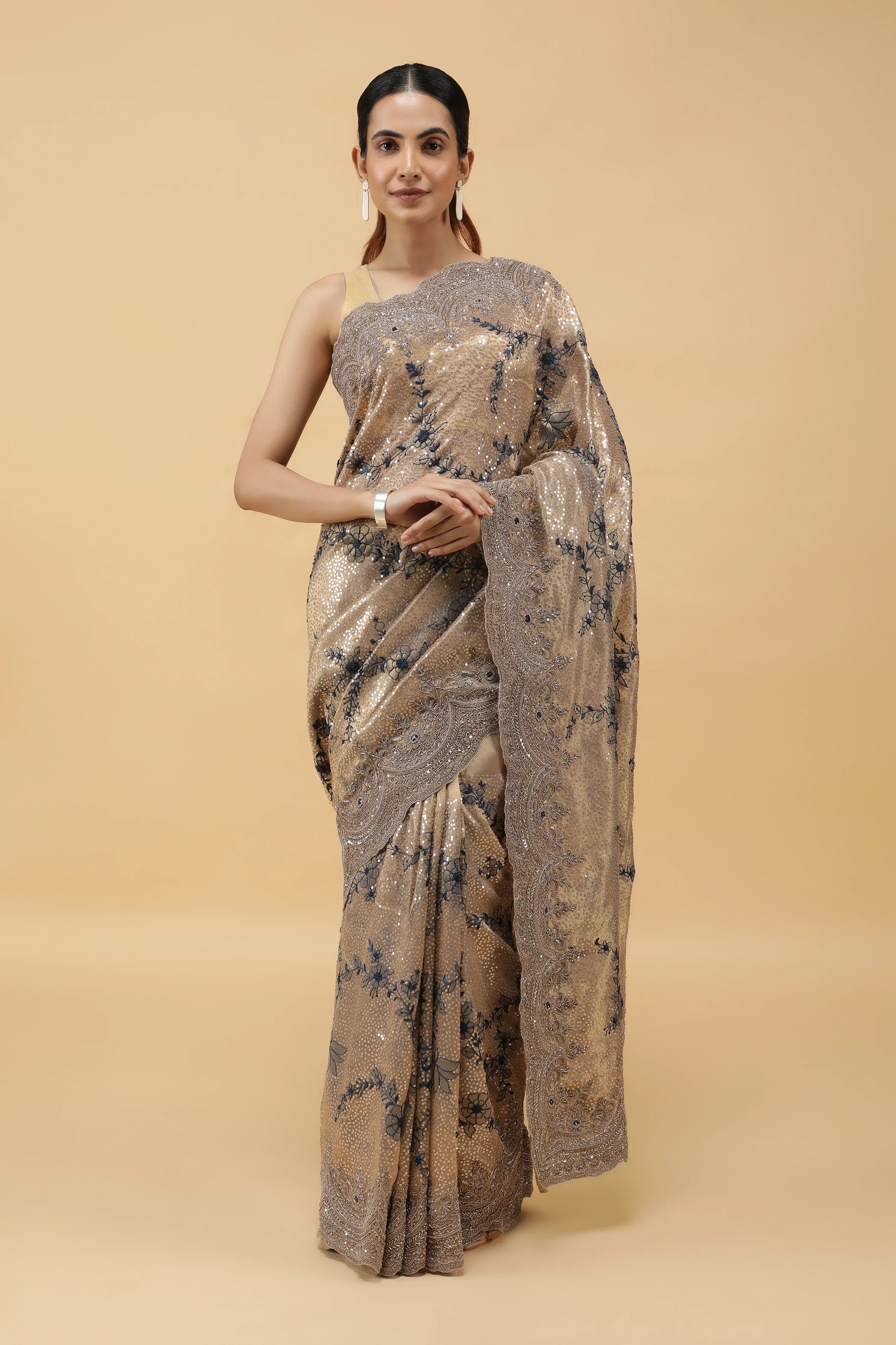 Gold Tissu Organza Saree with Sequins Embroidery & Zardhosi Border | Mokshaa