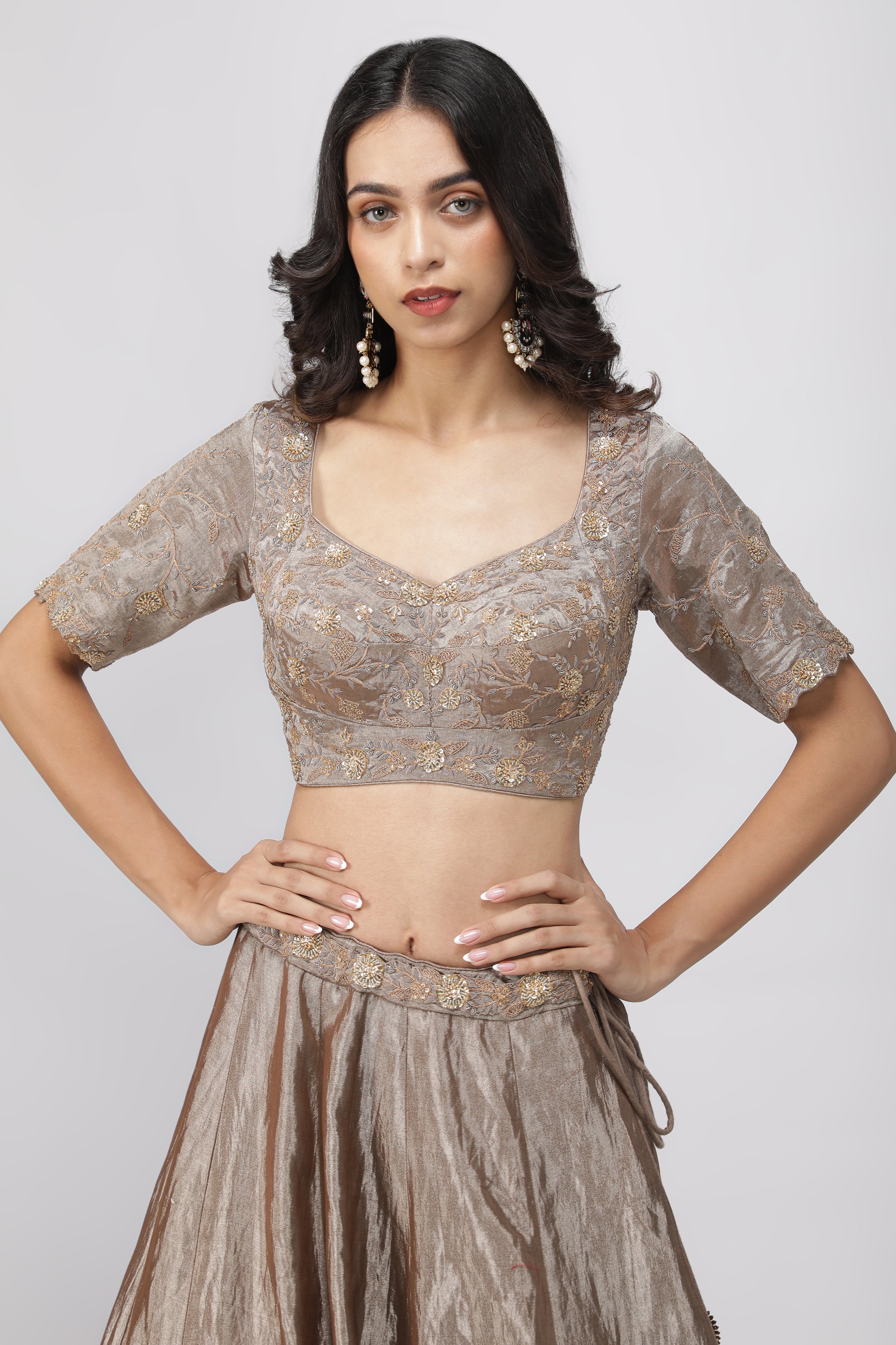 Silver-Gold Tissue Lehenga with Embroidered Blouse