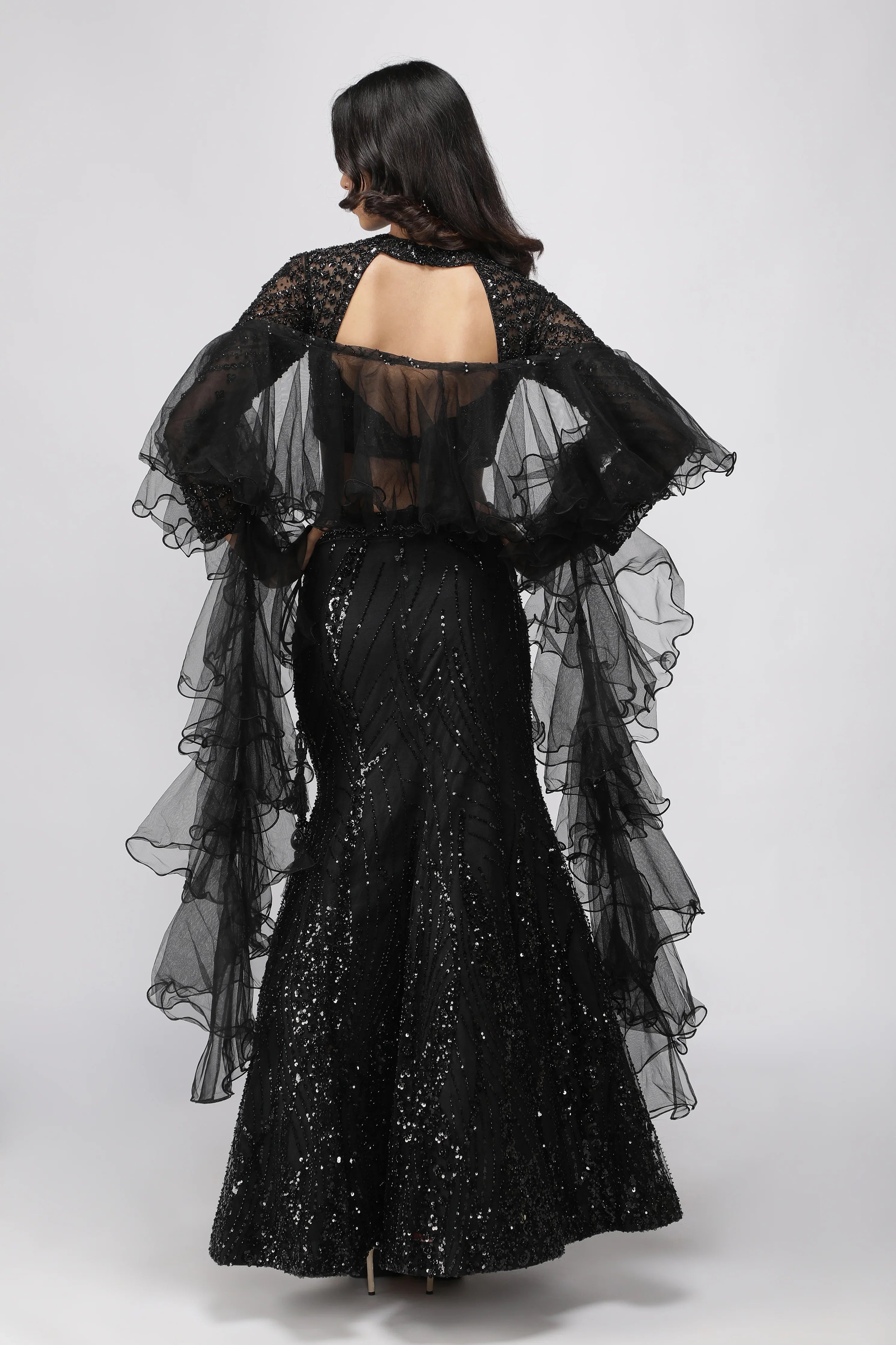 Black Net Sequin Embroidered Mermaid Lehenga Set with Ruffle Dupatta - Mokshaa