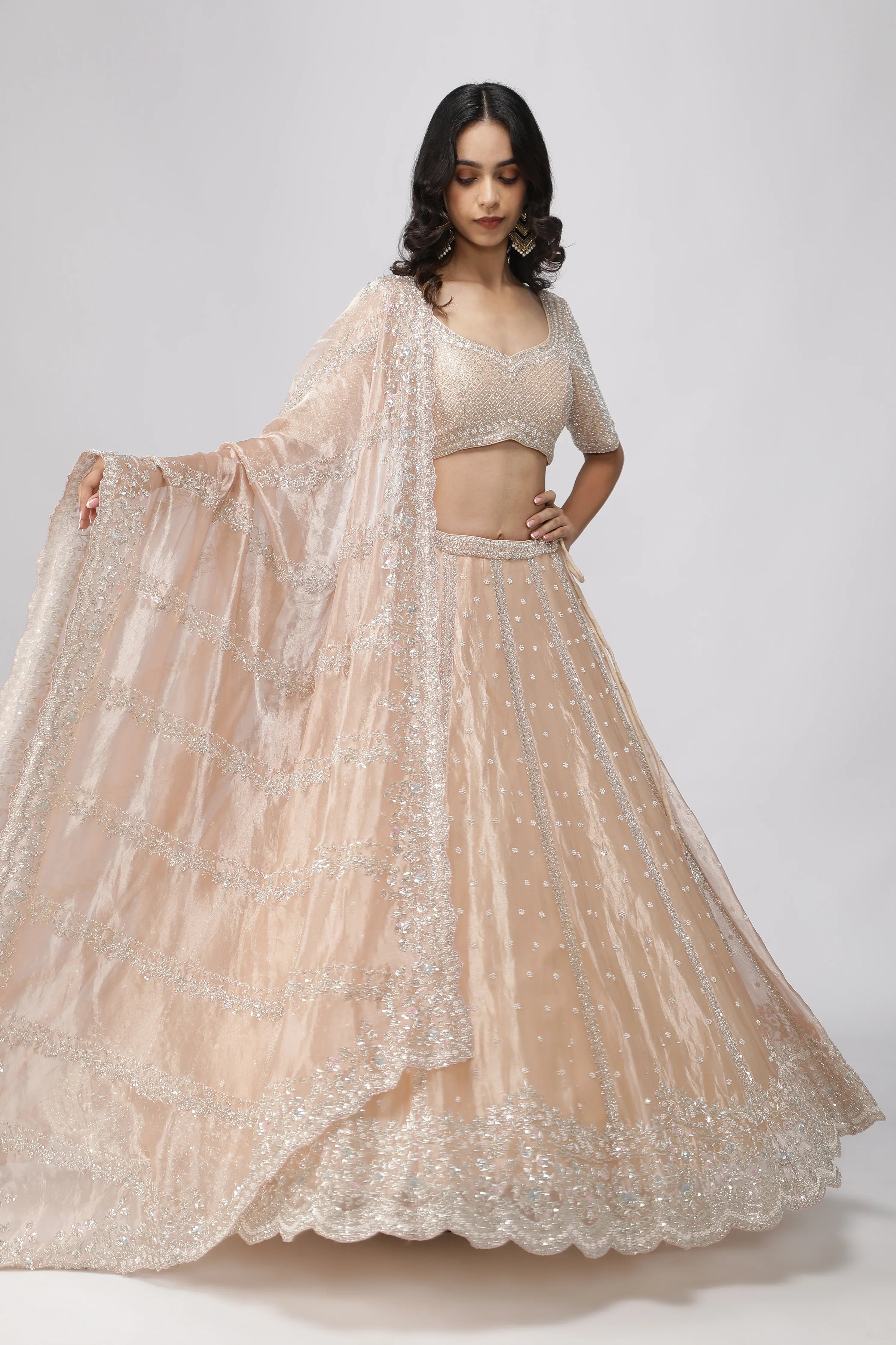 Peach Tissue Organza Lehenga Set | Mokshaa